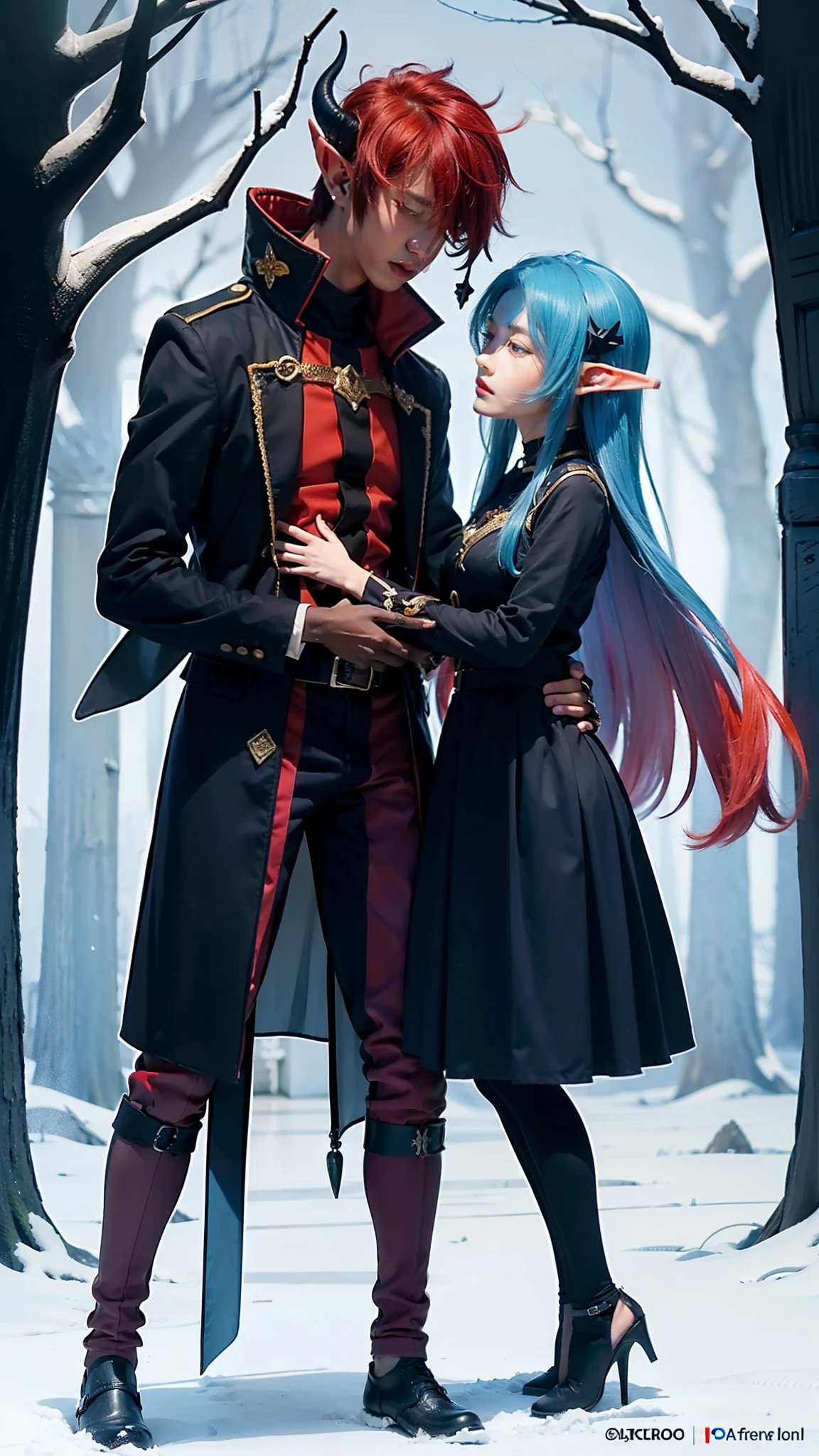 2others, couple, 1boy with 1girl, (Height difference1.3), ((elf boy) with (blue hair color)), (daemon-like girl with (red hair and girl dark skin and 2 horns)), (boy defending girl:1.25), (girl hugs boy), full body, knight and lady, fantasy, closed mouth, detailed, enchanted dark forest, dark fairy tale, unconditional love, emotional connection