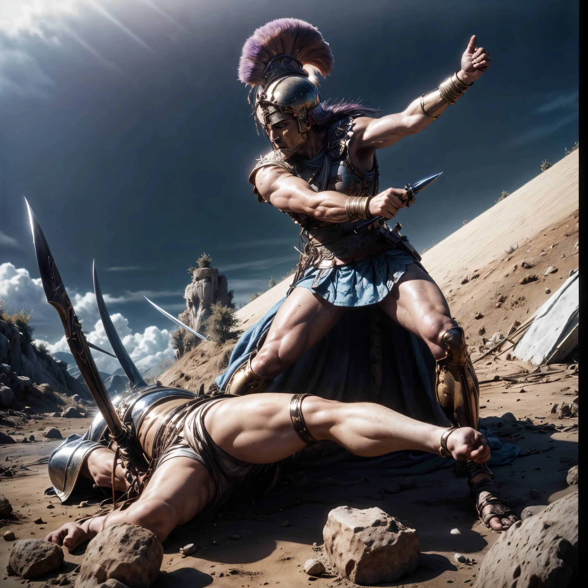 (best quality,4k,8k,highres,masterpiece:1.2),ultra-detailed, 1man, Greek God Ares, Purple hair, red eyes, in a loin cloth, wearing a greek hoplite helmet, on a battlefield, posed in battle, splattered with blood, screaming with rage, drawn in the style of Yoshitaka Amano, HDR, 8k, absurdres, cinestill 800, sharp focus, add_detail:3