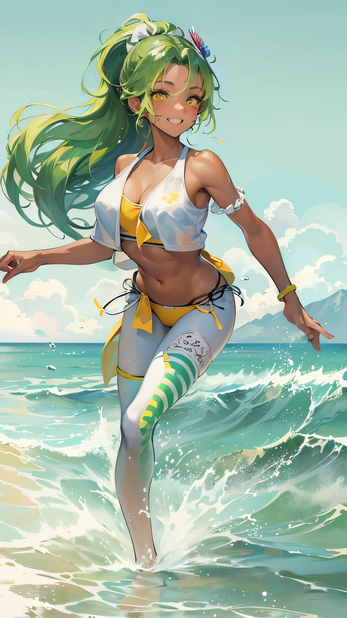 perfect anatomy, masterpiece:1.3, best quality, 8k, beautiful detailed grow, daydreaming expression, (brown skin ponytail green hair long hair divine girl, , cute yellow eyes, happy smile), ((in a cute sexy white Bikini Pareo)), (jump in sea), in the open Beach, background is ocean.