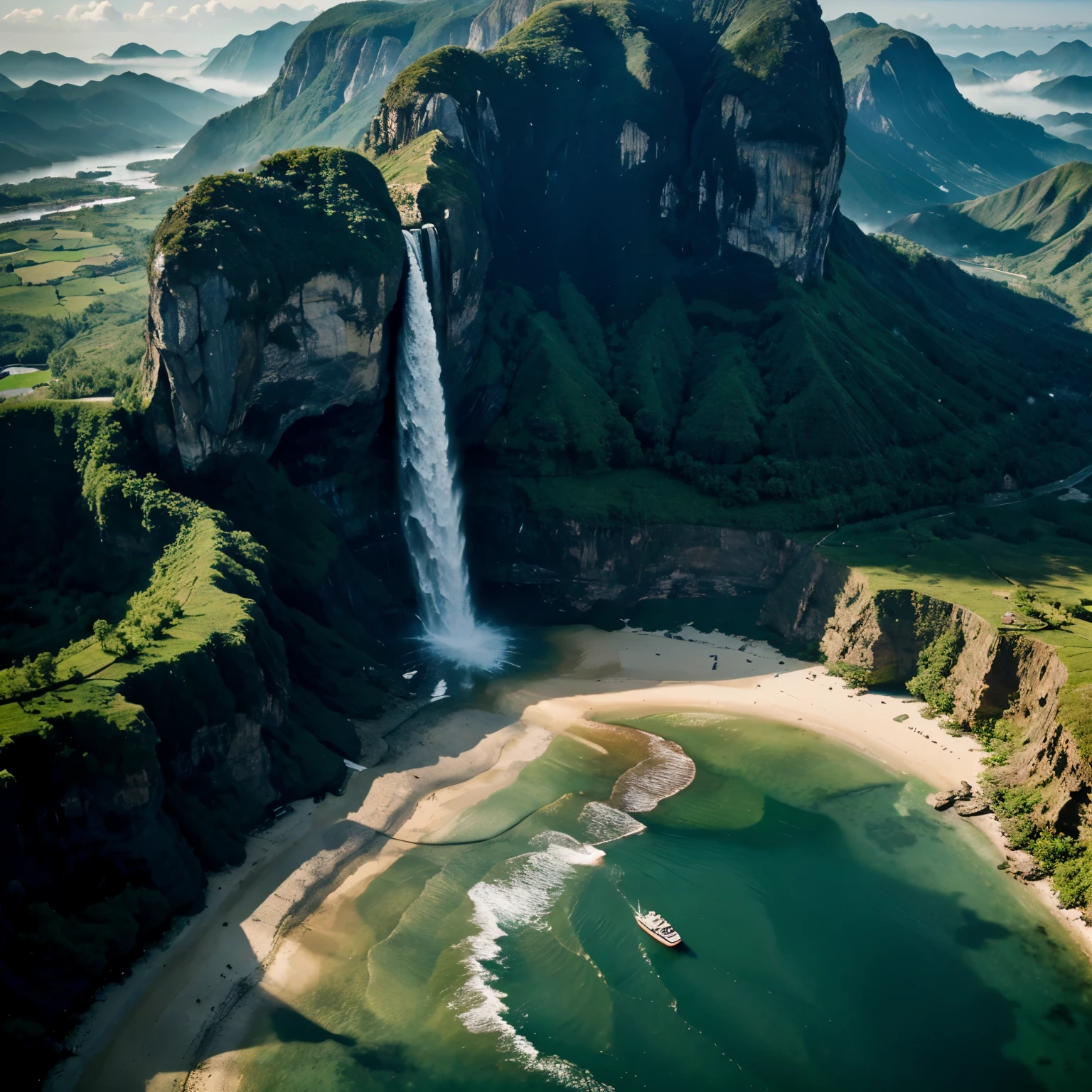 (masterpiece, Best Quality, High resolution), 1 girl, swimsuit, in the stomach, lying, looking at the viewer, landscape trees , waterfall and mountain stones,((view from above))
