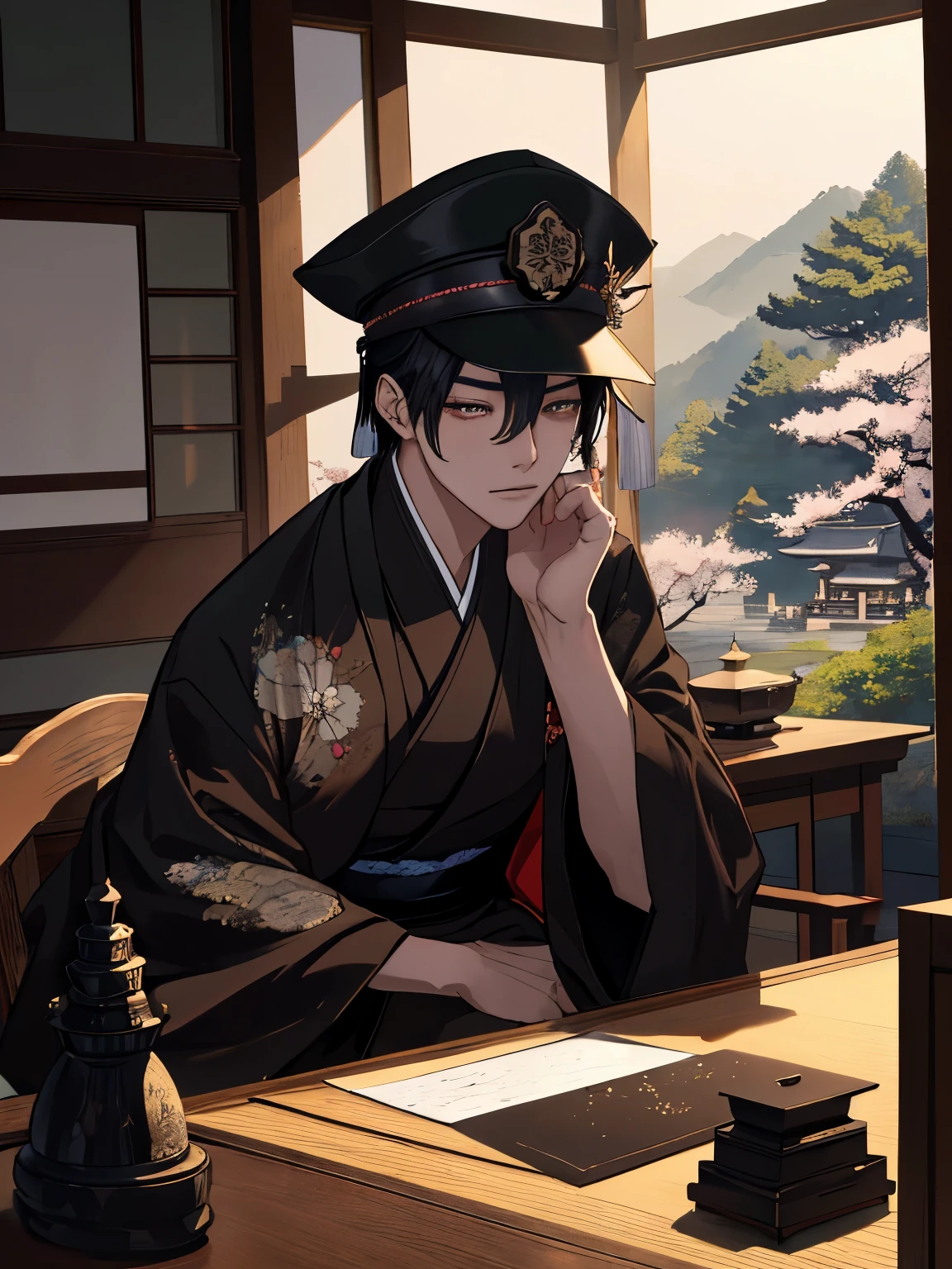 masterpiece、1 Youth、male、short hair、Young man in black suit and cap、Old Japan landscape、kyoto、Meiji、Taisho、Taisho romance、stone pavement、 sitting on a desk、Soft lighting、hightquality、(masterpiece)、Human perspective、masterpiece、top-quality、Highly elaborate CG Unity 8K wallpapers、an oil painting、depth of fields、bloom、Very detailed、art stations、Convoluted、high details、Dramatic、Volumetric lighting