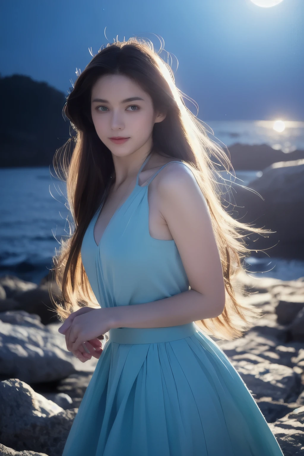 Highest image quality,Surreal and realistic,Graceful fairy figure,Delicate facial features、Extremely perfect silhouette,Light blue eyes,Silver long hair hair,Deep V sling,Silver skin,Beauty masterpiece CG exquisite rendering,Fantastic perfection,Light blue light gauze skirt flowing,Fairyland-like night with moon in the mountains,Soft moonlight,He smiled。