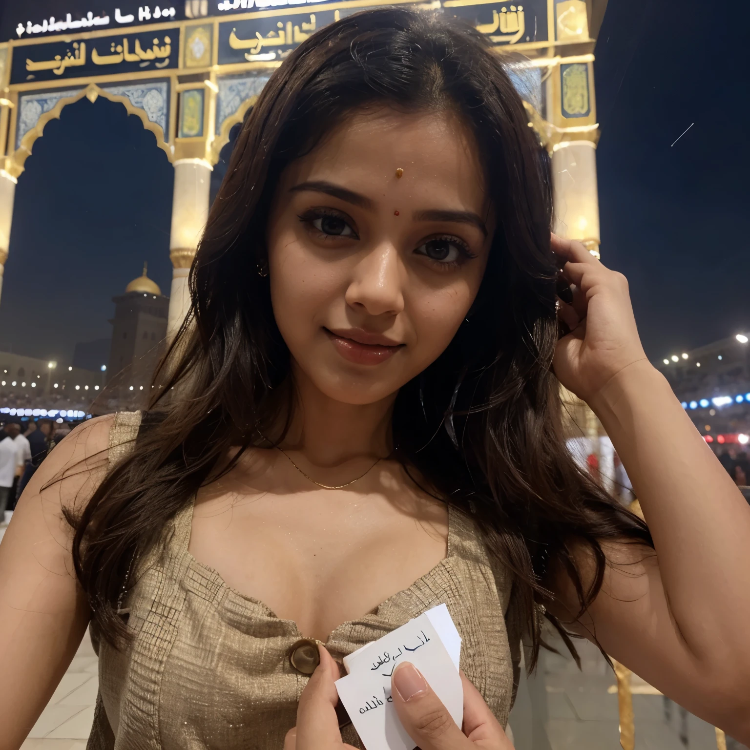 Make a name that is a small slip in one hand in front of Makkah and write the name" ZUBAIR " on it with the help of Anna Bhavi AI.