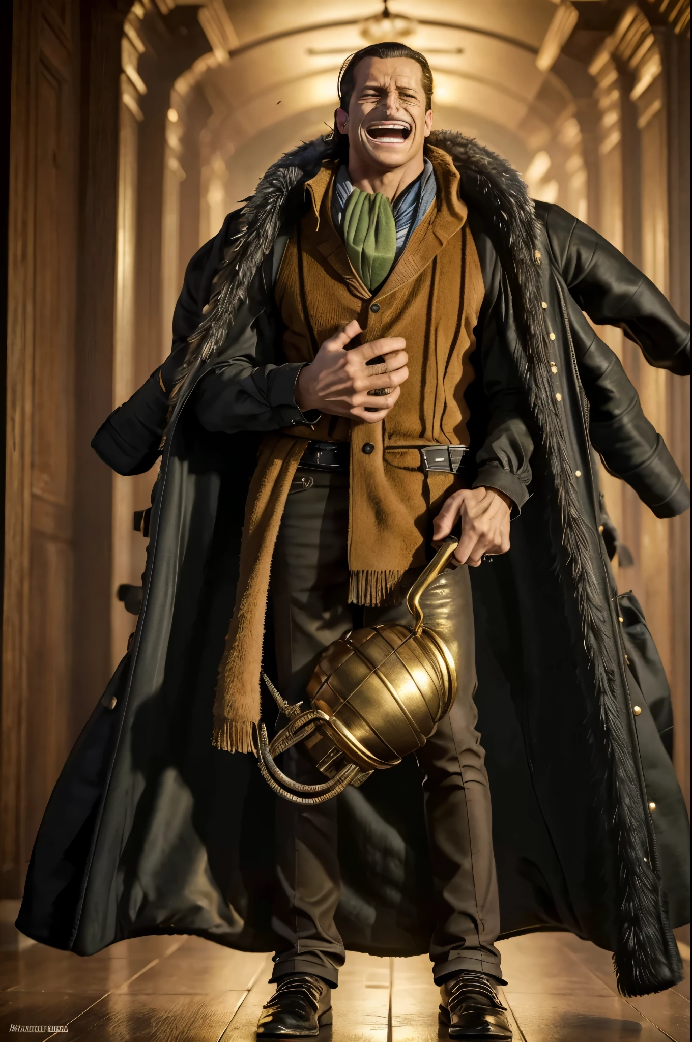 masterpiece, best quality, extremely detailed, hyperrealistic, photorealistic, a cool 40s man, ultra detailed face:1.1, fur-trimmed coat, scarf around the neck, his left hand is a golden pirate hook:1.1, opening arms to the side of the body:1.2, laughing
