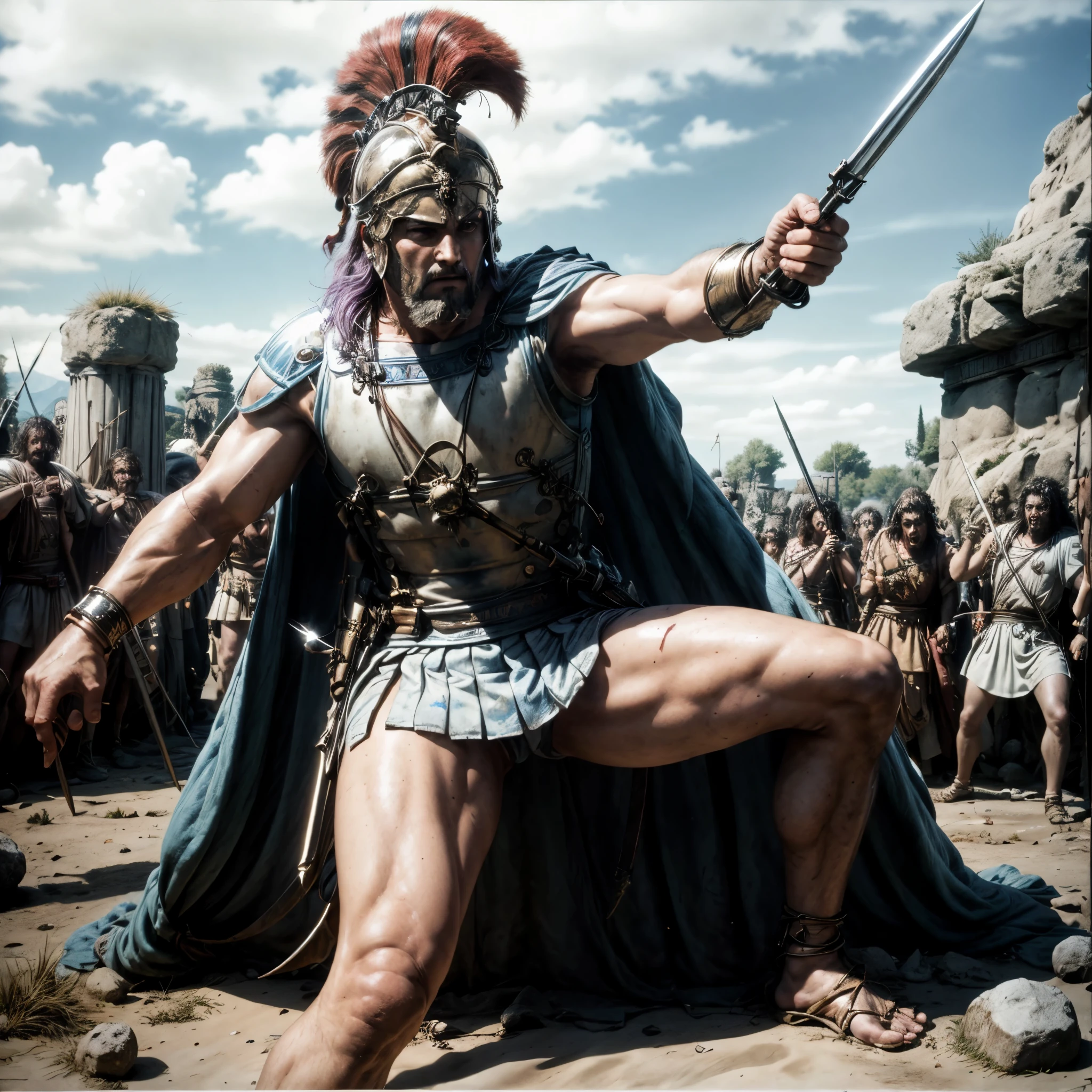 (best quality,4k,8k,highres,masterpiece:1.2),ultra-detailed, 1man, Greek God Ares, Purple hair, red eyes, in a loin cloth, wearing a greek hoplite helmet, on a battlefield, posed in battle, splattered with blood, screaming with rage, drawn in the style of Yoshitaka Amano, HDR, 8k, absurdres, cinestill 800, sharp focus, add_detail:3