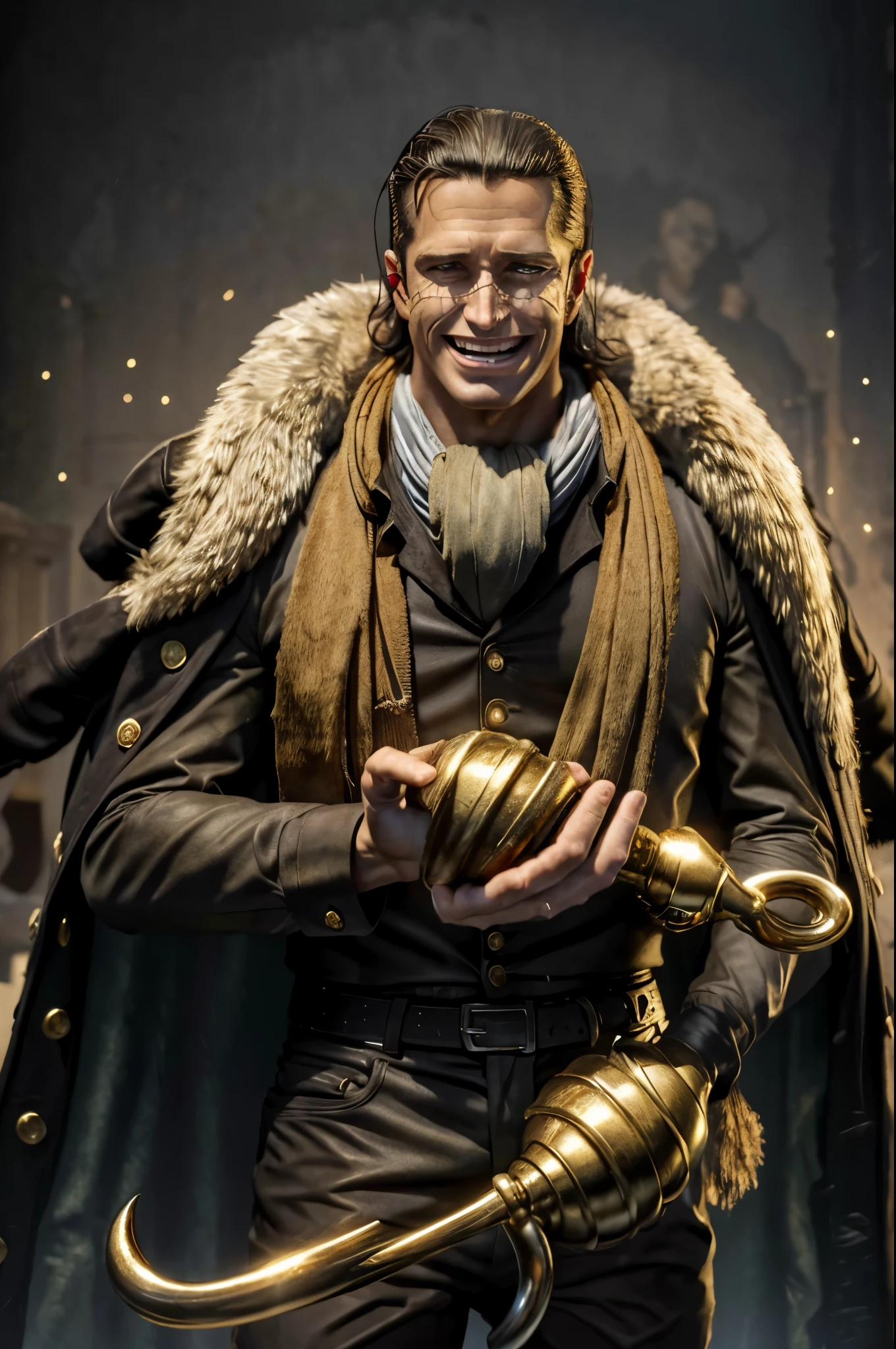 masterpiece, best quality, extremely detailed, hyperrealistic, photorealistic, a cool 40s man, ultra detailed face:1.1, fur-trimmed coat, scarf around the neck, his left hand is a golden pirate hook:1.1, opening arms to the side of the body:1.2, laughing
