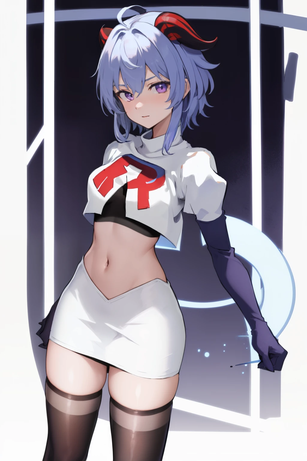ganyudef, violet eyes,short hair, light blue hair, horns on head, neck bell,team rocket,team rocket uniform, red letter R, white skirt,white crop top,black thigh-highs,black elbow gloves