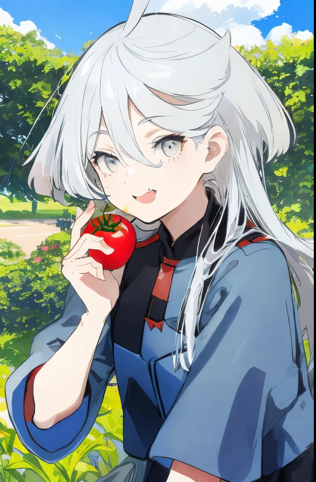 holding a tomato and eating it、laughing、silver hair、The background is a farm、blue sky