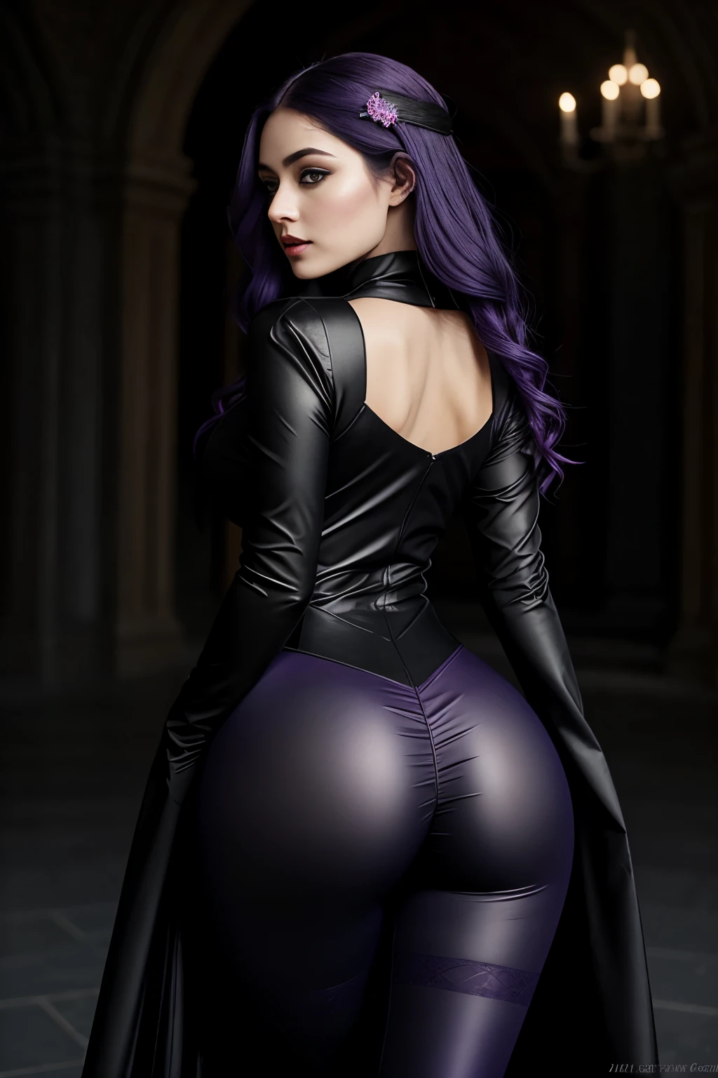 In the realm of dark fantasy, a captivating book cover unfolds, showcasing a seductive woman with alluring purple-highlighted hair. Clad in an enchanting outfit that embodies the essence of a sexy witch, she gracefully holds an apple, the symbol of enticement and forbidden desires. The man standing beside her, dressed in a dapper suit, adds an intriguing contrast to her mystical attire.
The woman, yet possessing an immense booty, exudes sex appeal while draped in form-fitting leggings. The alluring scene is meticulously portrayed in an AR 1:1 style art, with met