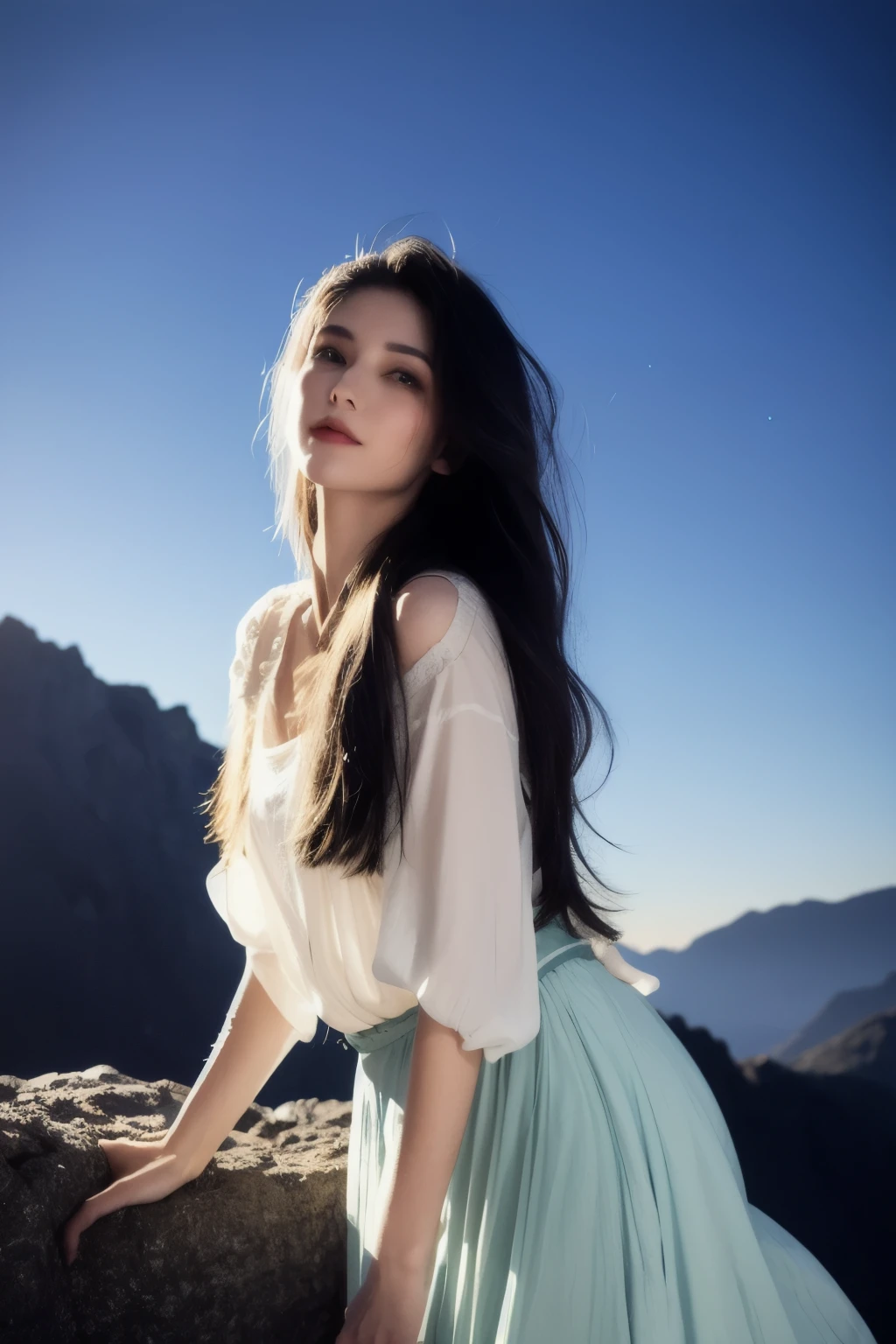 Highest image quality，Surreal and realistic，Graceful fairy figure，Delicate facial features、Extremely perfect silhouette，Light color eyes，black long hair，Deep V sling，Silver skin，Beauty masterpiece CG exquisite rendering，Fantastic perfection，Light color light gauze skirt flowing，Fairyland-like night with moon in the mountains，Soft moonlight，He smiled。