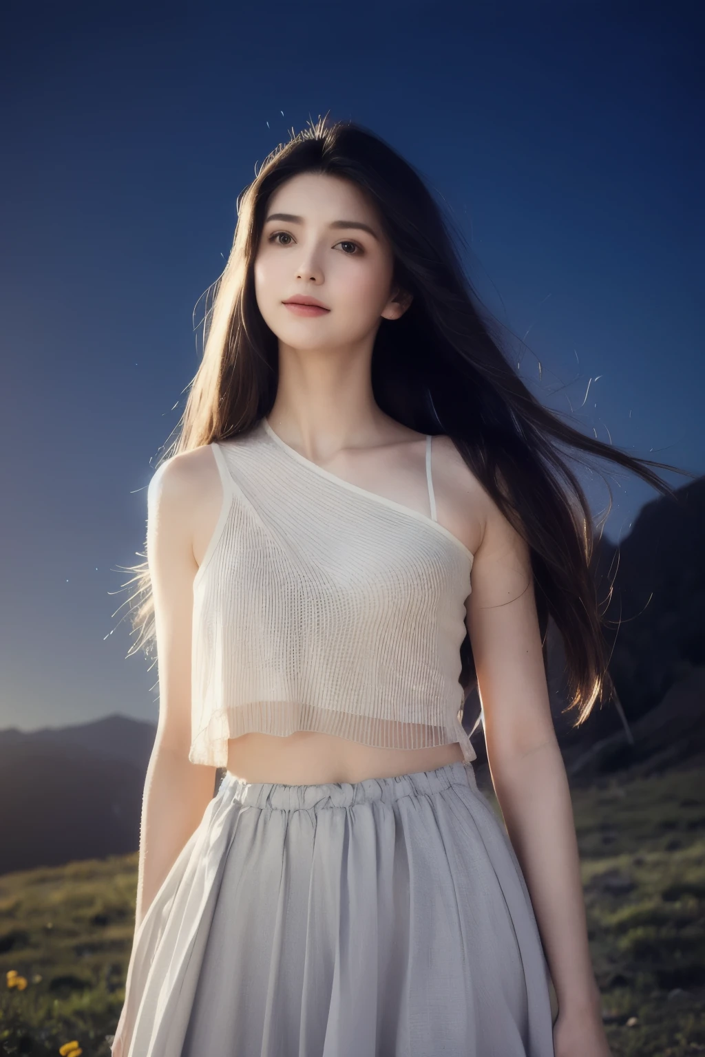 Highest image quality，Surreal and realistic，Graceful fairy figure，Delicate facial features、Extremely perfect silhouette，Light color eyes，black long hair，Deep V sling，Silver skin，Beauty masterpiece CG exquisite rendering，Fantastic perfection，Light color light gauze skirt flowing，Fairyland-like night with moon in the mountains，Soft moonlight，He smiled。