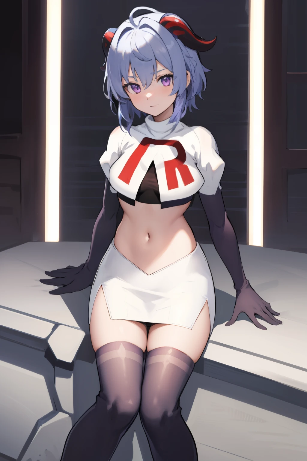 ganyudef, violet eyes,short hair, light blue hair, horns on head, neck bell,team rocket,team rocket uniform, red letter R, white skirt,white crop top,black thigh-highs,black elbow gloves