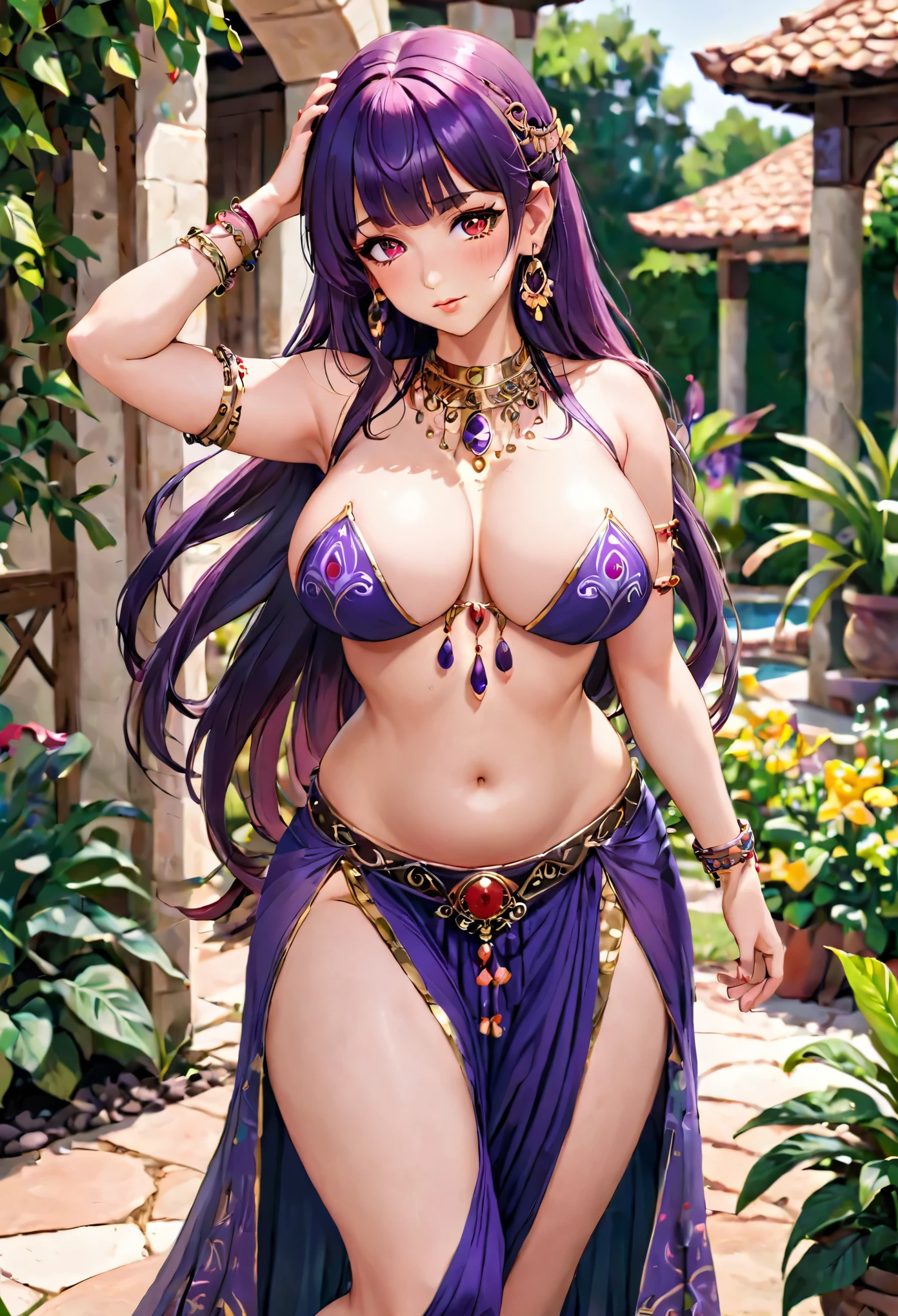 1girl, solo, illustration, garden, cowboy shot, looking at viewer, red eyes, long hair, bangs, purple hair, belly dancer, harem outfit, midriff, pelvic curtain, bare shoulders, armpits, large breasts, busty, full bust, ample bosom, voluptuous, cleavage, soft stomach, navel, thighs, circlet, earrings, amulets, bracelets, closed mouth, blush