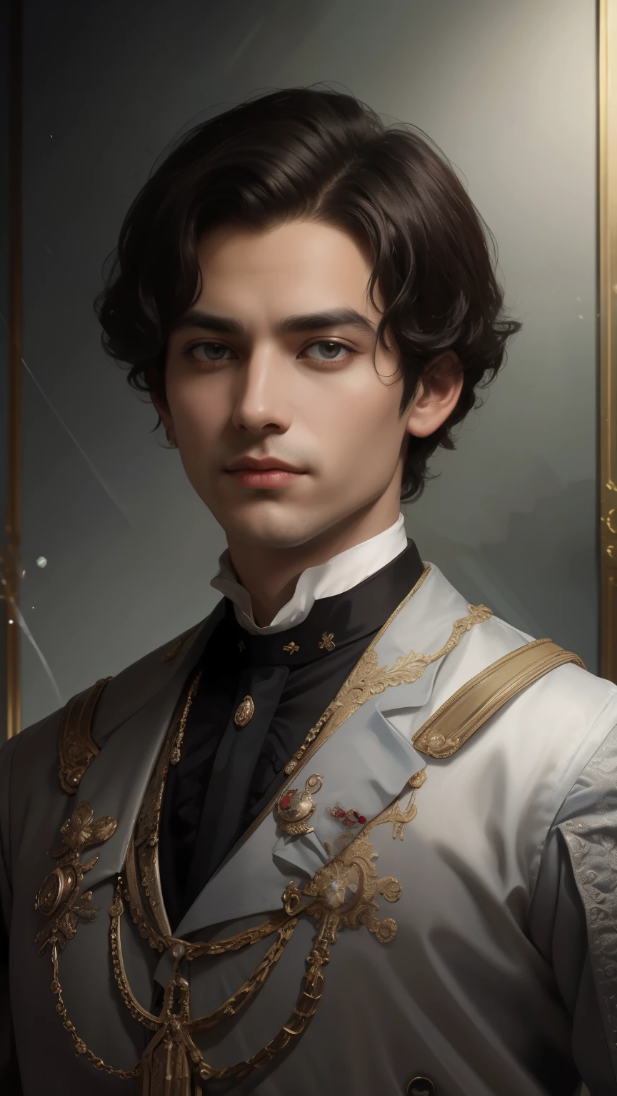 tmasterpiece，Highest image quality, Handsome bust of a noble man，Black hairstyle，Clear brown eyes，victorian style era，Super detailed in detail，upscaled。