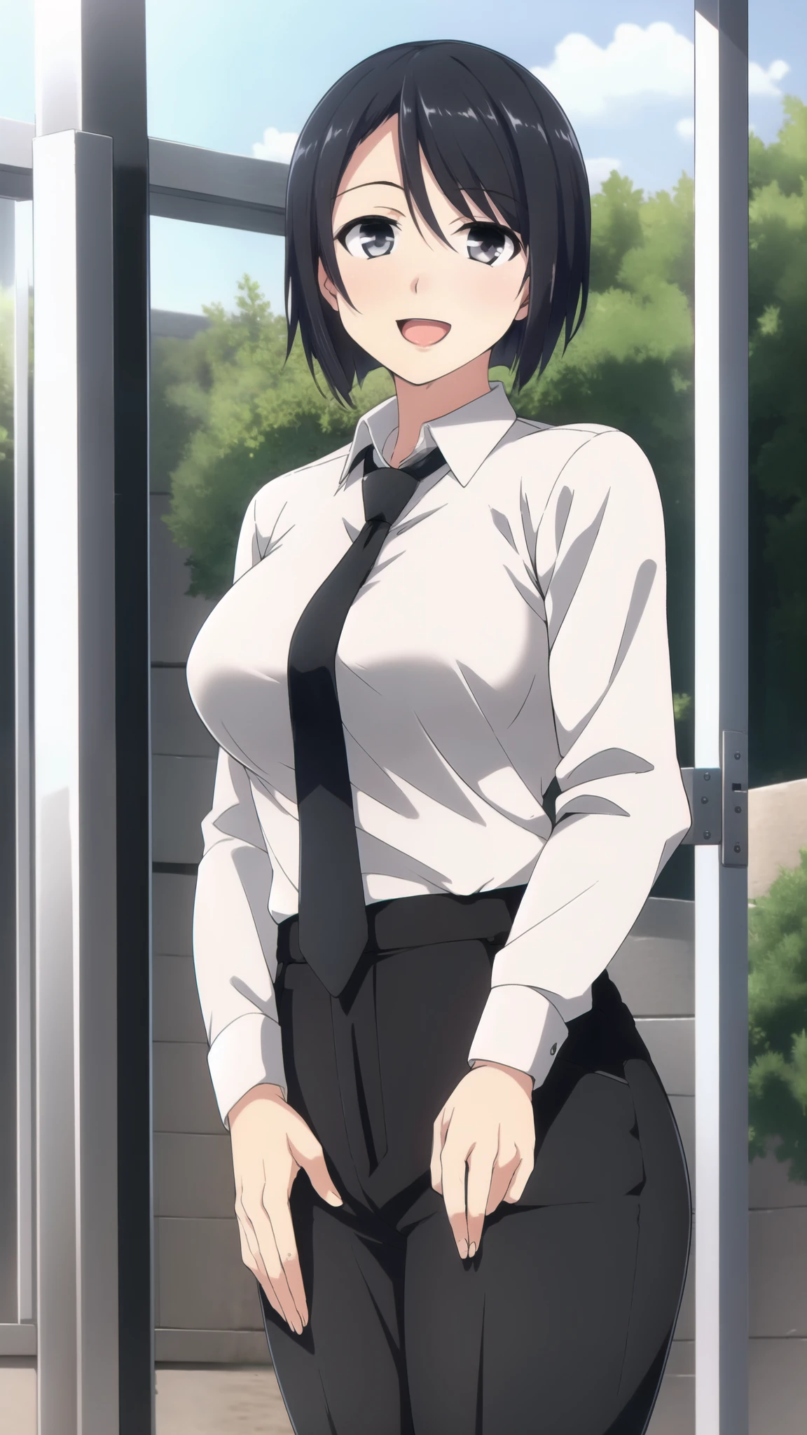 sexy body, thick, , 1girl, standing, black hair, short hair, bangs, MAKIMA, ((white shirt)), long sleeves, necktie, stare, :d, , black eyes, black necktie, , cowboy shot, large breasts, outdoors, black pant, (MAaster piece: 1.0), (best_quality: 1.0), ultra high resolution, 4K, ultra detailed, photography, 8K, HDR,
