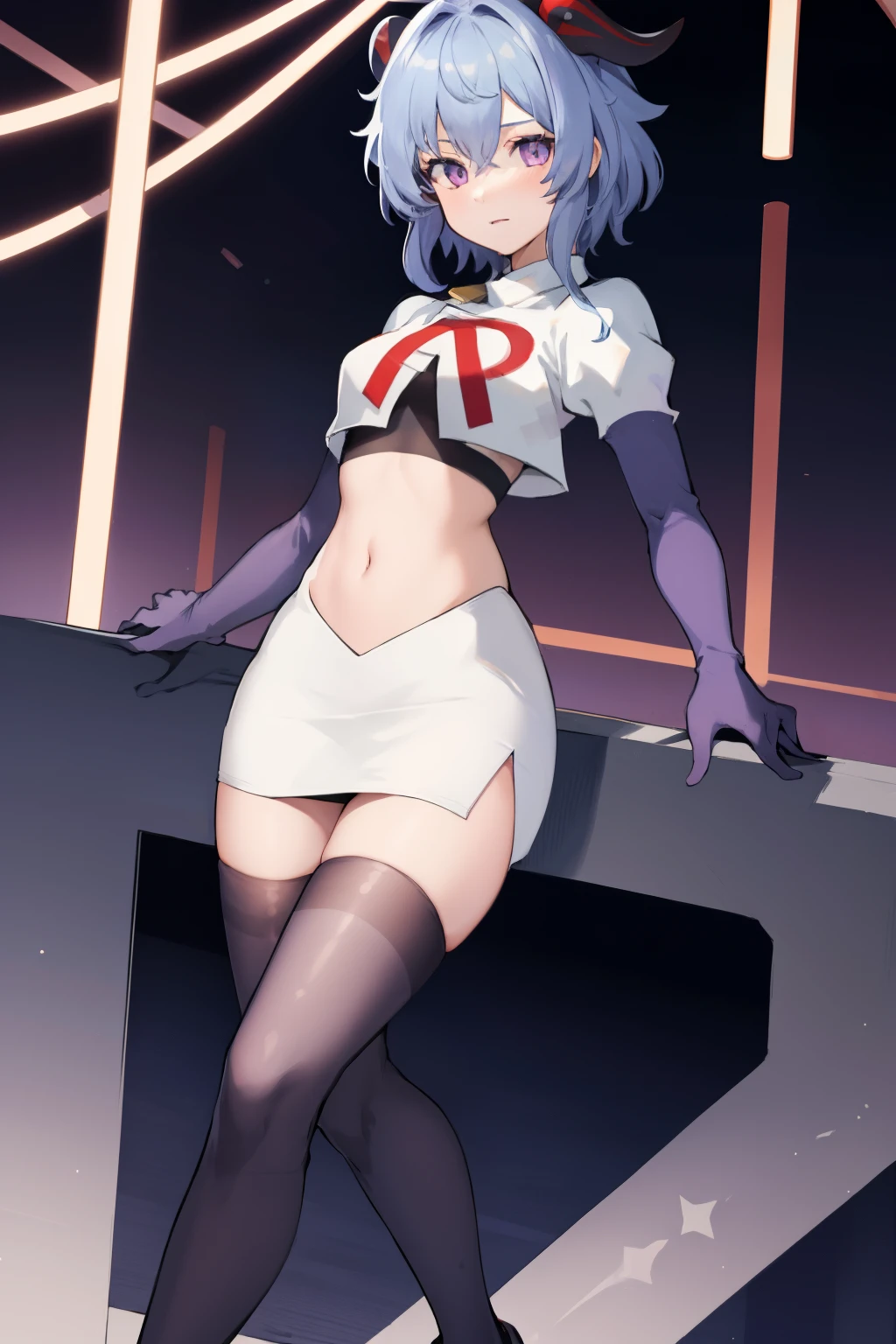 ganyudef, violet eyes,short hair, light blue hair, horns on head, neck bell,team rocket,team rocket uniform, red letter R, white skirt,white crop top,black thigh-highs,black elbow gloves
