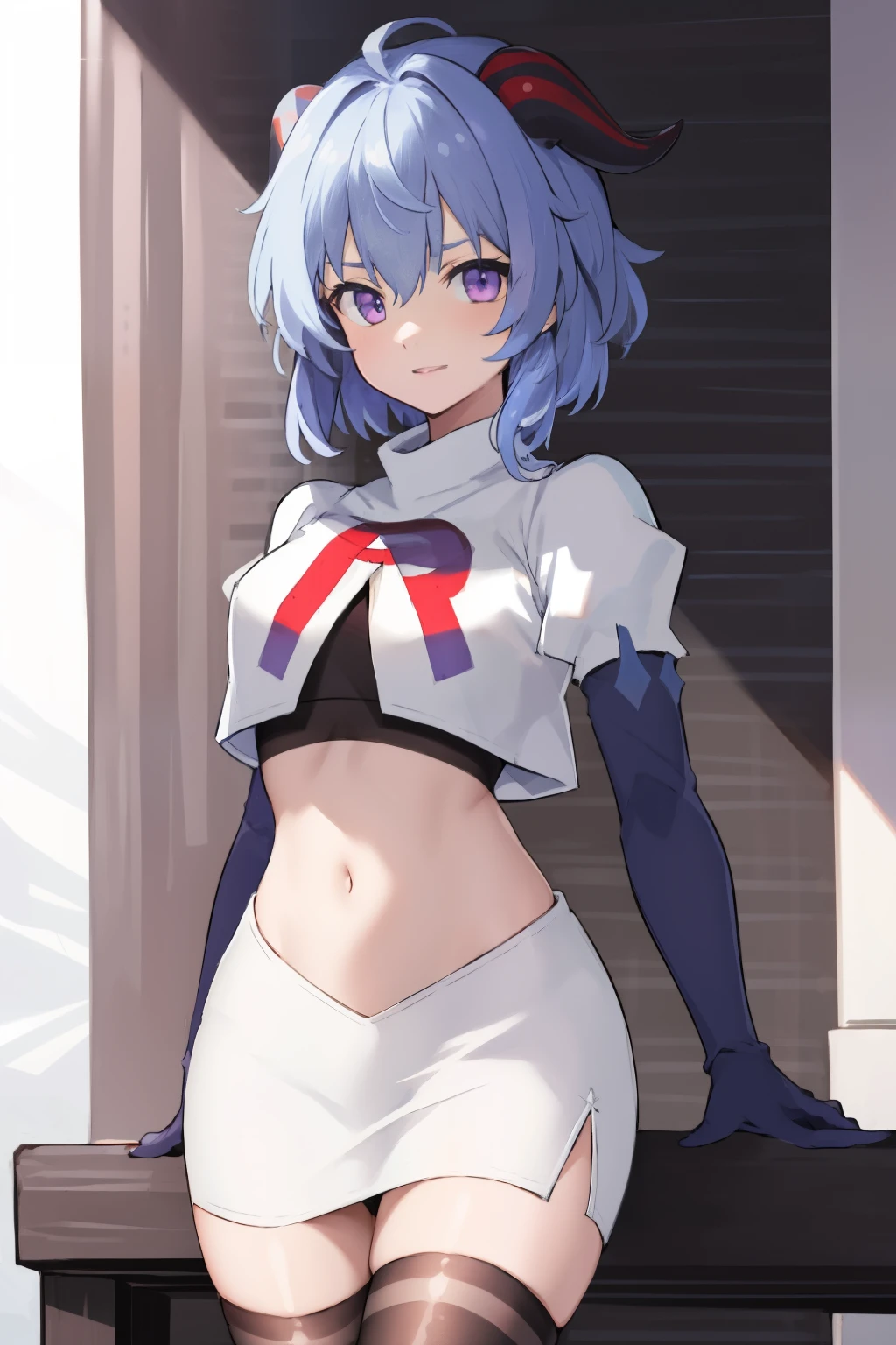 ganyudef, violet eyes,short hair, light blue hair, horns on head, neck bell,team rocket,team rocket uniform, red letter R, white skirt,white crop top,black thigh-highs,black elbow gloves