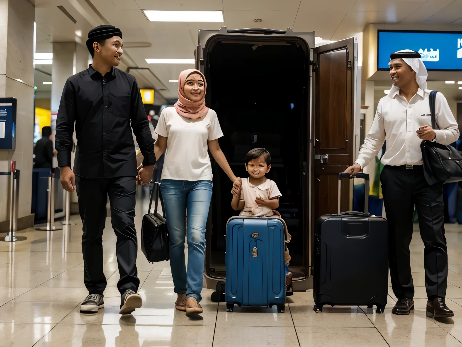 A high-resolution full HD photo captures a touching moment of a young Indonesian couple, both 30 years old, accompanied by their two sons, aged 5 years, and their daughter, aged 3 years. The family stood together, a sense of togetherness was evident within them. their smiles and body language. In the foreground, a suitcase symbolizes their journey. Behind them, there was a sign that read "Welcome to Indonesia, goodbye United Arab Emirates," which marked their movement from one country to another. airport.