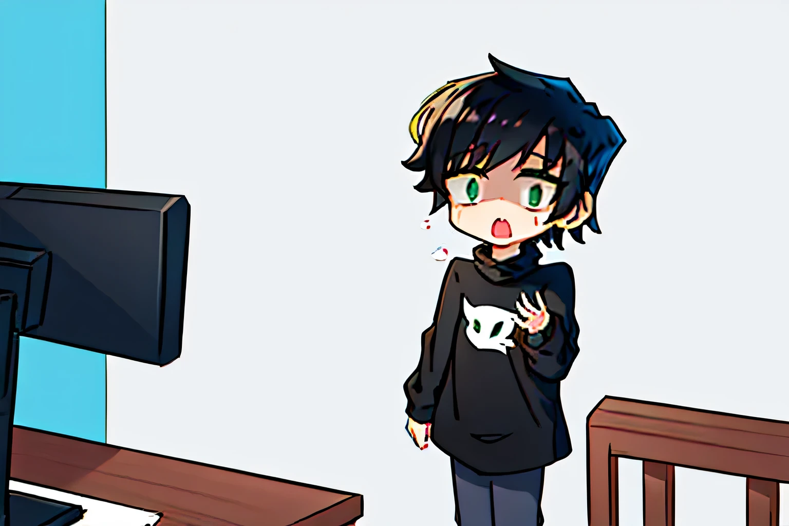 、((1boy in))、simple background , (masterpiece, best quality:1.2), illustration, absurdres, highres, extremely detailed, 1boy, black hair , black shirt , green eyes  , open eyes , , looking at viewer , , chibi , , upper body, depth of field , scared