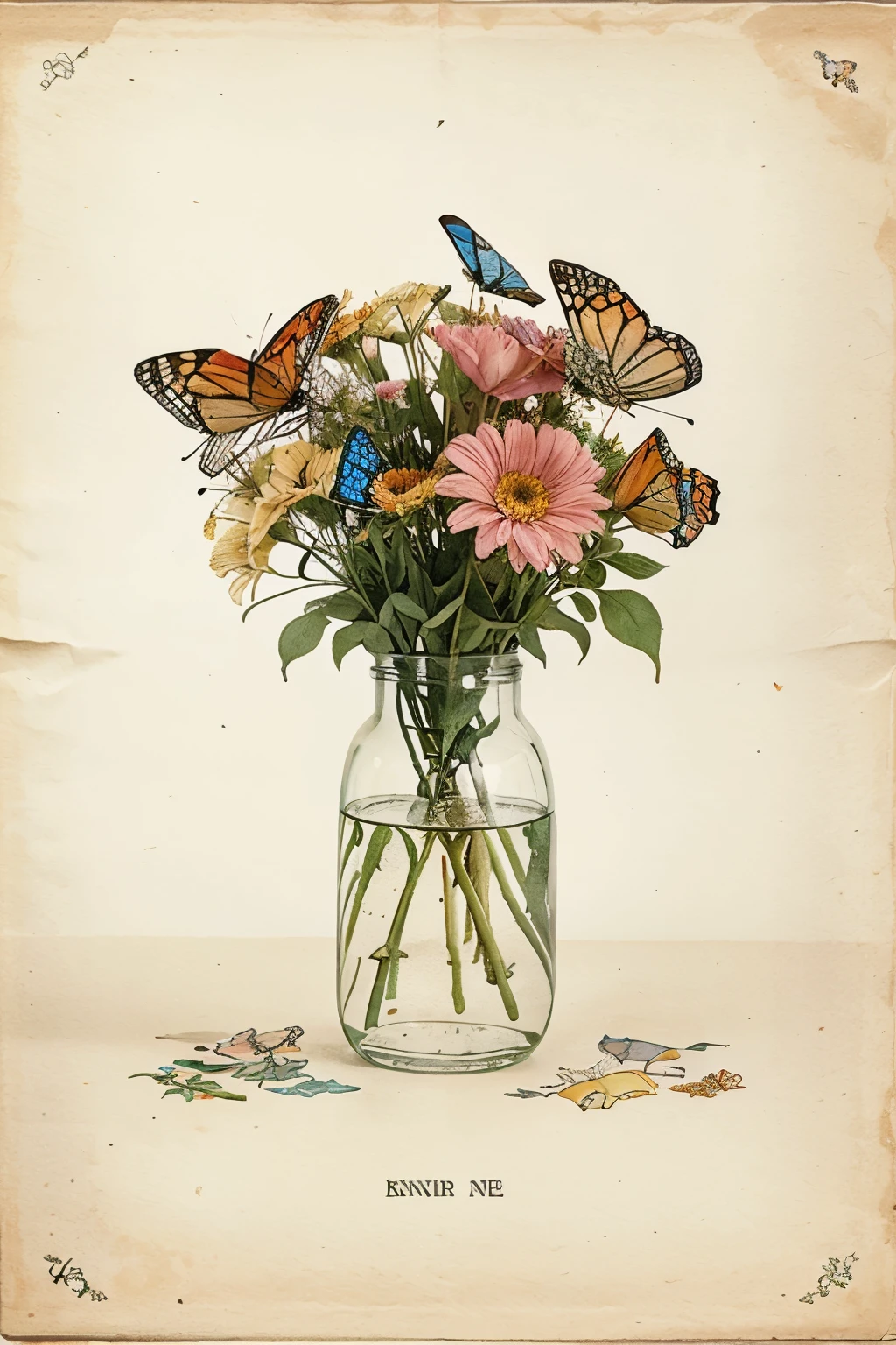 Picture of flowers with butterflies in watercolor line drawings, vintage style.