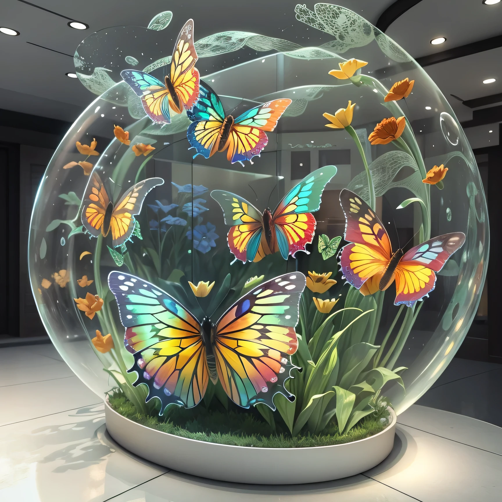 3.5m butterfly acrylic display device，3D modeling，full view，actual，small bubble tulip，Rendering suitable for commercial exhibition displays