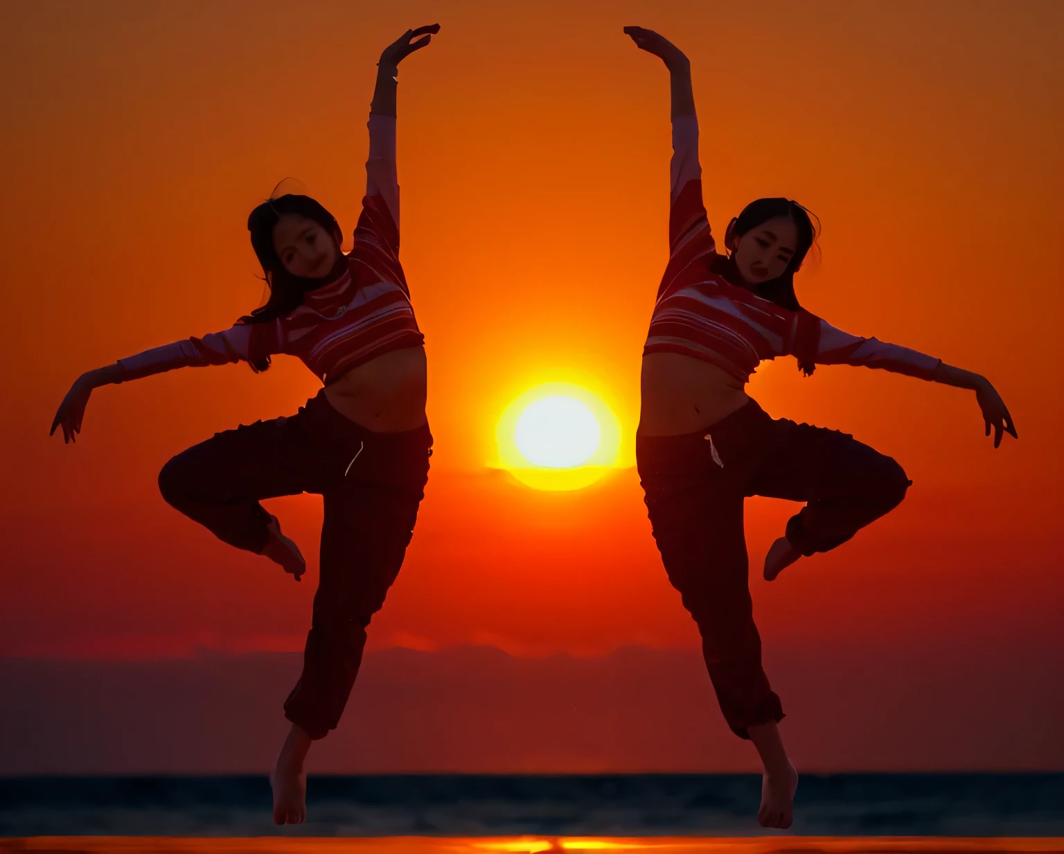  (twin sisters), be familiar with, be familiar with face,  Wearing hip-hop fashion, performance jacket, palazzo pants , Japanese, 

Two girls dancing in perfect synchronization, (Symmetrical pose with arms outstretched:1.5),  
(Silhouette of two people), sunset, Orange sky, on the beach