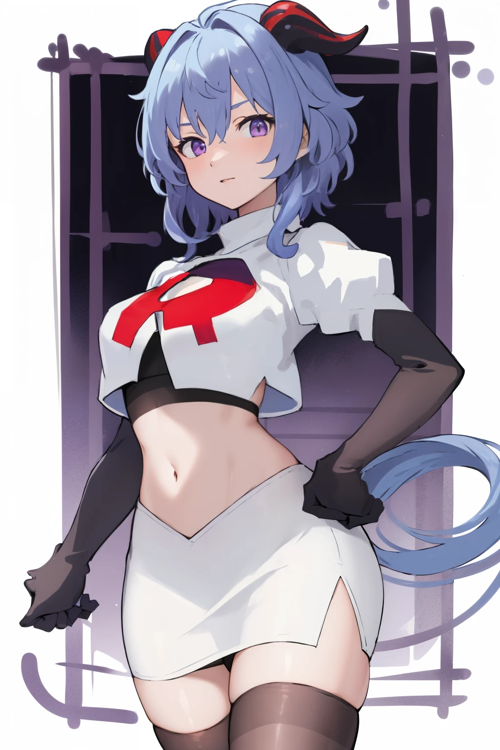 ganyudef, violet eyes,short hair, light blue hair, horns on head, neck bell,team rocket,team rocket uniform, red letter R, white skirt,white crop top,black thigh-highs,black elbow gloves