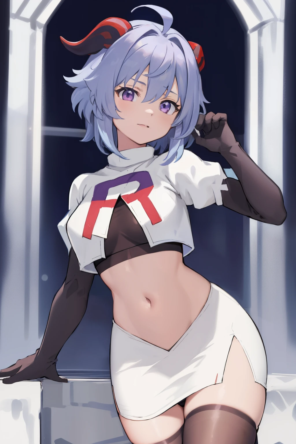 ganyudef, violet eyes,short hair, light blue hair, horns on head, neck bell,team rocket,team rocket uniform, red letter R, white skirt,white crop top,black thigh-highs,black elbow gloves