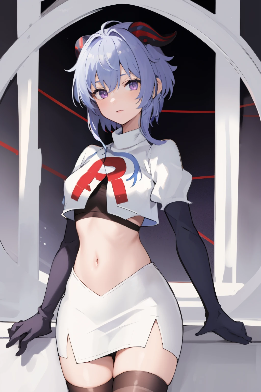 ganyudef, violet eyes,short hair, light blue hair, horns on head, neck bell,team rocket,team rocket uniform, red letter R, white skirt,white crop top,black thigh-highs,black elbow gloves