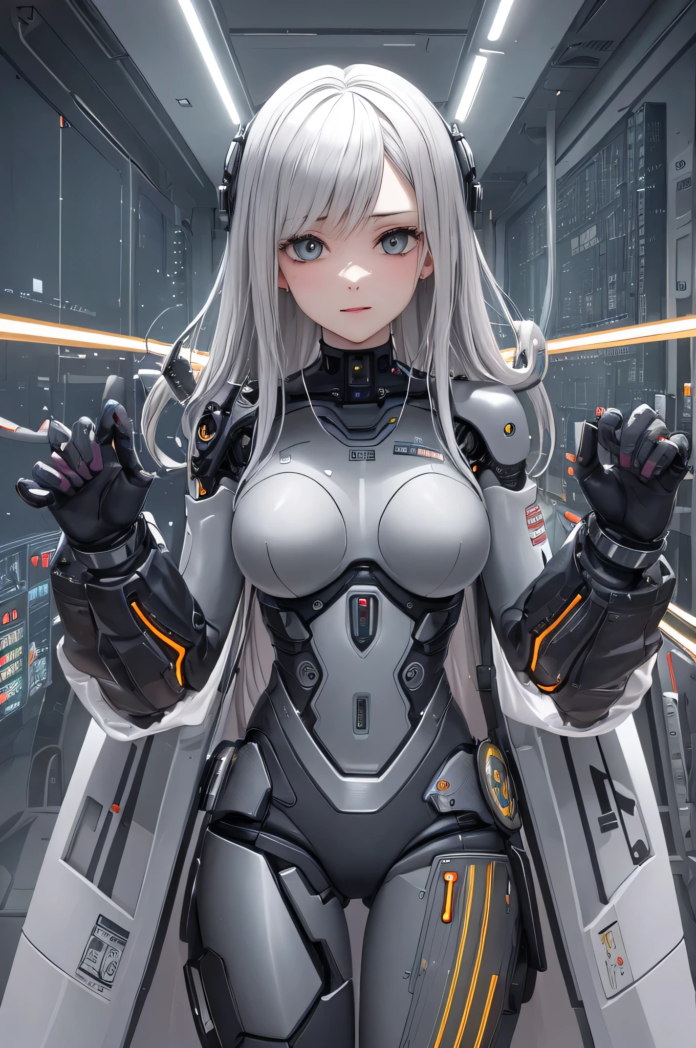Cyborg girl with androids and robots, wiring exposed, switching on a control panel, a scene of love and ecstasy. The cyborg's body shines silver in the soft light, her slender frame contrasting with the bulky machines around her. Her eyes are bright and full of emotion as she looks fondly at her partner, a cute and sexy android, also wired and exposed. Their hands touch, sparks flying as they connect, creating a pleasurable buzz between them. The control panel hums with energy as they share a moment of pure bliss. Cute, sexy, strong - their love story unfolds amidst the intricate details of their complex mechanisms. Realistic C