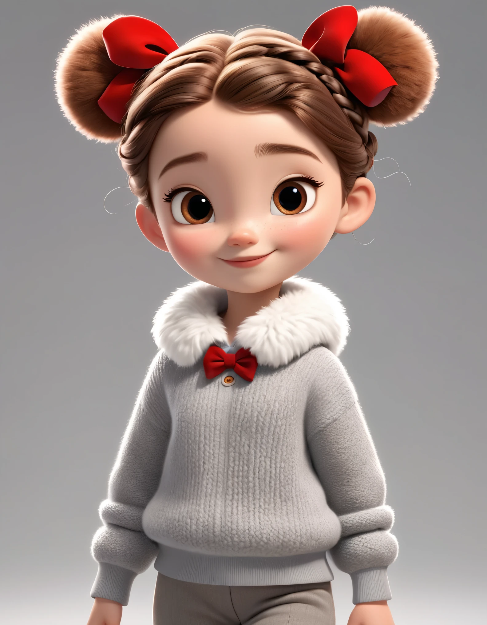 3D character from Disney animation, Pixar style,whole body，Walking happily，red bow，Gray soft sweater and furry slacks，with braids，white shoes，clean background.cinnamic lighting, ray tracing, high details, 3d render 