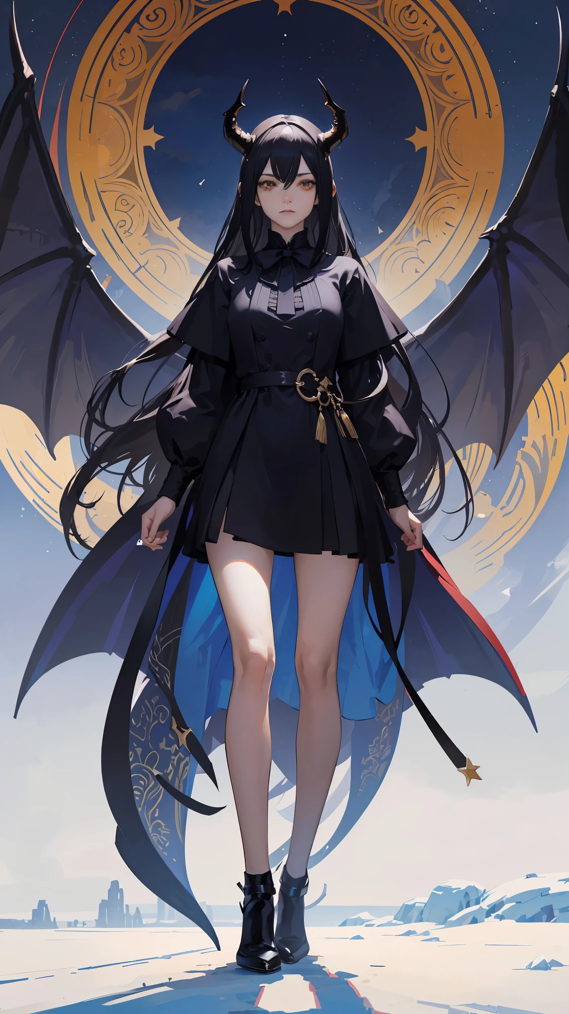 Seven Rhaeyar, Ancient Star goddess, Perfect female anatomy (Adult Female, 166cm in height, pale skin, slim, slender, 34D breast size, Dark Orange Eyes with beautiful details, Long Straight Black Hair, Beauty Mark Mole on right cheek bone, a set of black horns on her head), Neutral facial expression, Elegant white dress with black bow tie, blue coat knee length, dragon motifs, gold and rope accessories, View of the open blue sky with only clouds, receiving light from the front, Ethereal glow