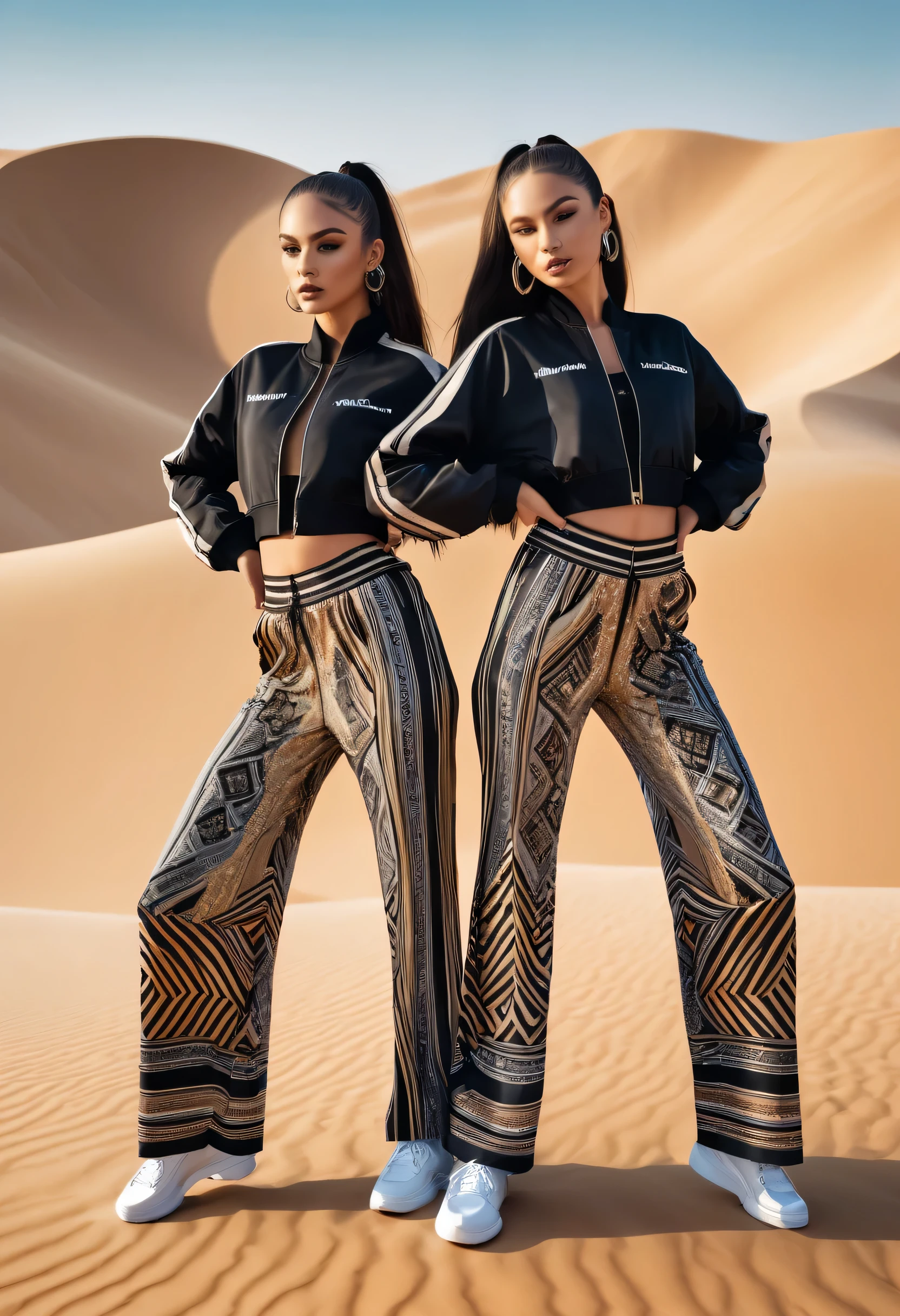 (twin sisters), (be familiar with), (be familiar with face), ( Wearing hip-hop fashion, performance jacket, palazzo pants ), Two girls dancing in perfect synchronization, (symmetrical posing:1.5) at the top of the desert