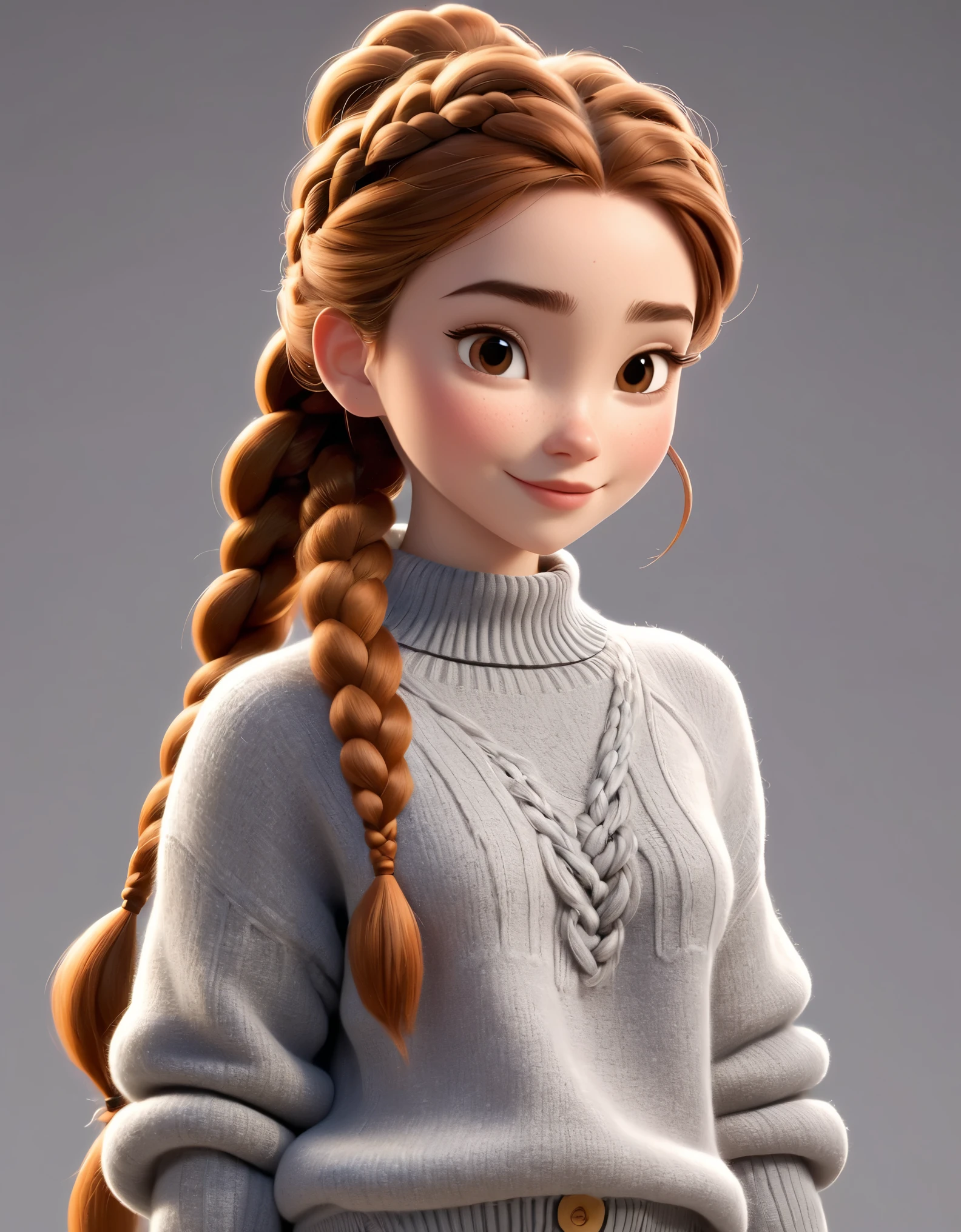 3D character from Disney animation, Pixar style,Gray soft sweater and wool casual pants,with braids,clean background.cinnamic lighting, ray tracing, high details, 3d render