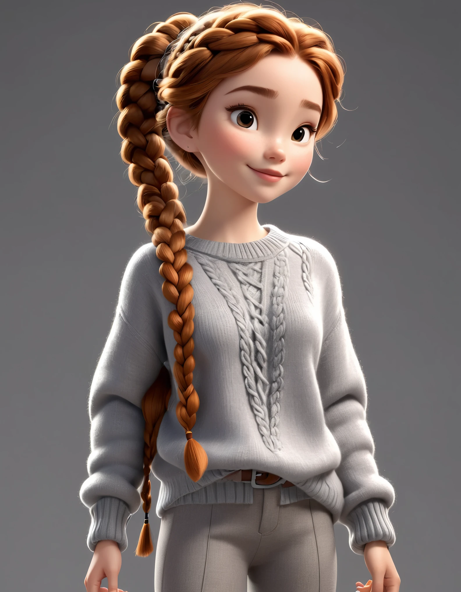 3D character from Disney animation, Pixar style,Gray soft sweater and wool casual pants，with braids，clean background.cinnamic lighting, ray tracing, high details, 3d render 