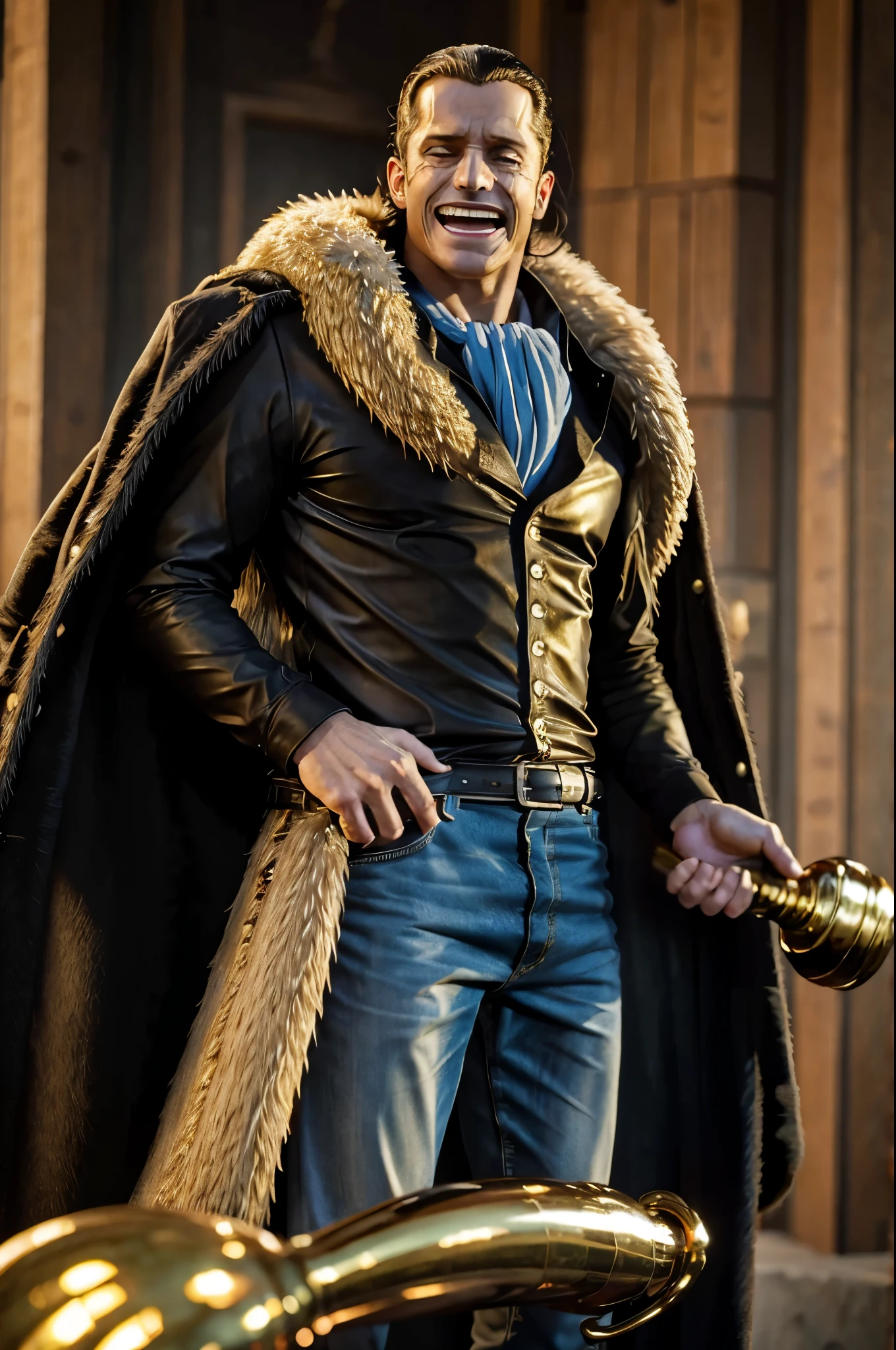 masterpiece, best quality, extremely detailed, hyperrealistic, photorealistic, a cool 40s man, ultra detailed face:1.1, fur-trimmed coat, scarf around the neck, his left hand is a golden pirate hook:1.1, opening arms to the side of the body:1.2, laughing
