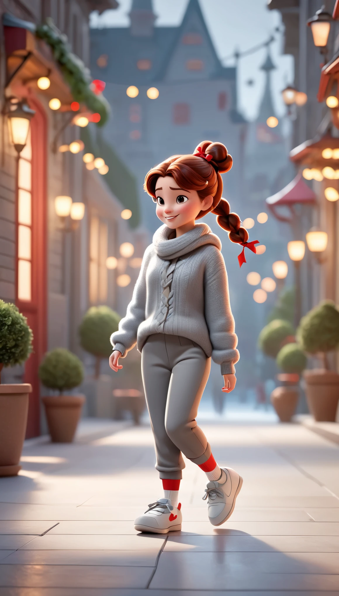 3D character from Disney animation, Pixar style,whole body，Walking happily，red bow，Gray soft sweater and furry slacks，with braids，white shoes，clean background.cinnamic lighting, ray tracing, high details, 3d render 