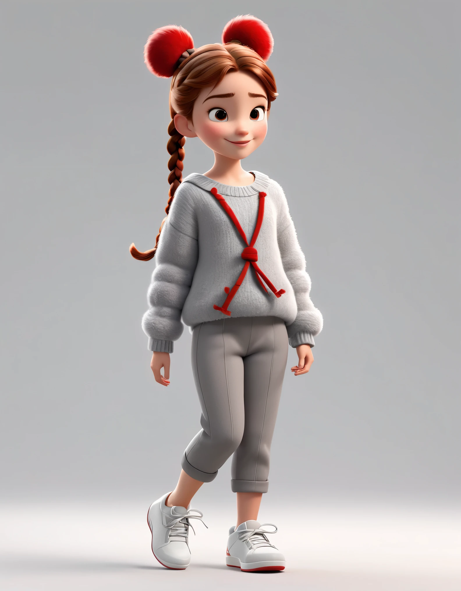3D character from Disney animation, Pixar style,whole body，Walking happily，red bow，Gray soft sweater and furry slacks，with braids，white shoes，clean background.cinnamic lighting, ray tracing, high details, 3d render 