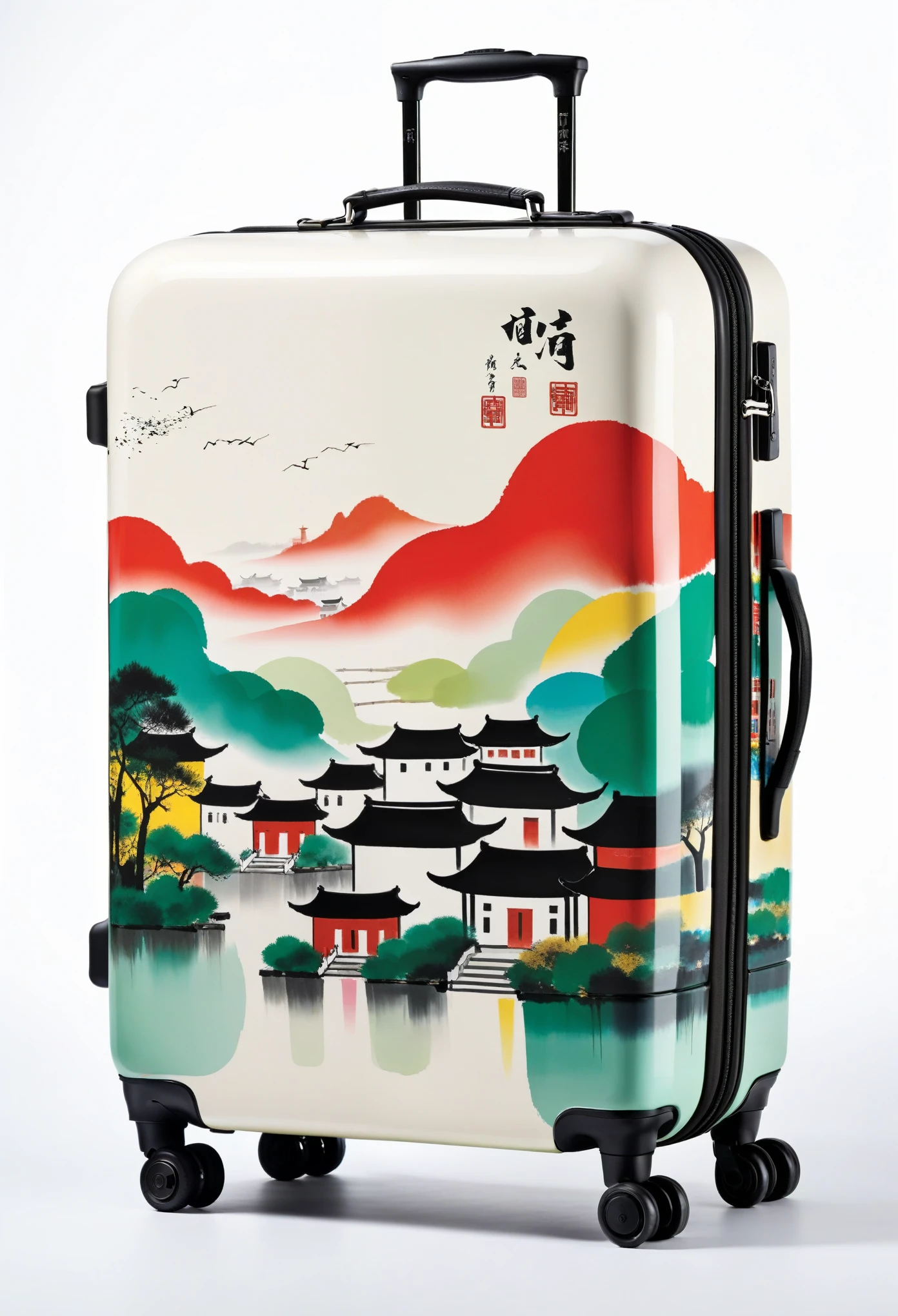 Suitcase，printing：Geometric abstract ink，Describe the Jiangnan landscape architectural complex，Wu Guanzhong's style is an artistic expression that merges traditional Chinese ink techniques with Western painting concepts. It is characterized by modern interpretations of traditional themes, creating unique visual effects through color and line.