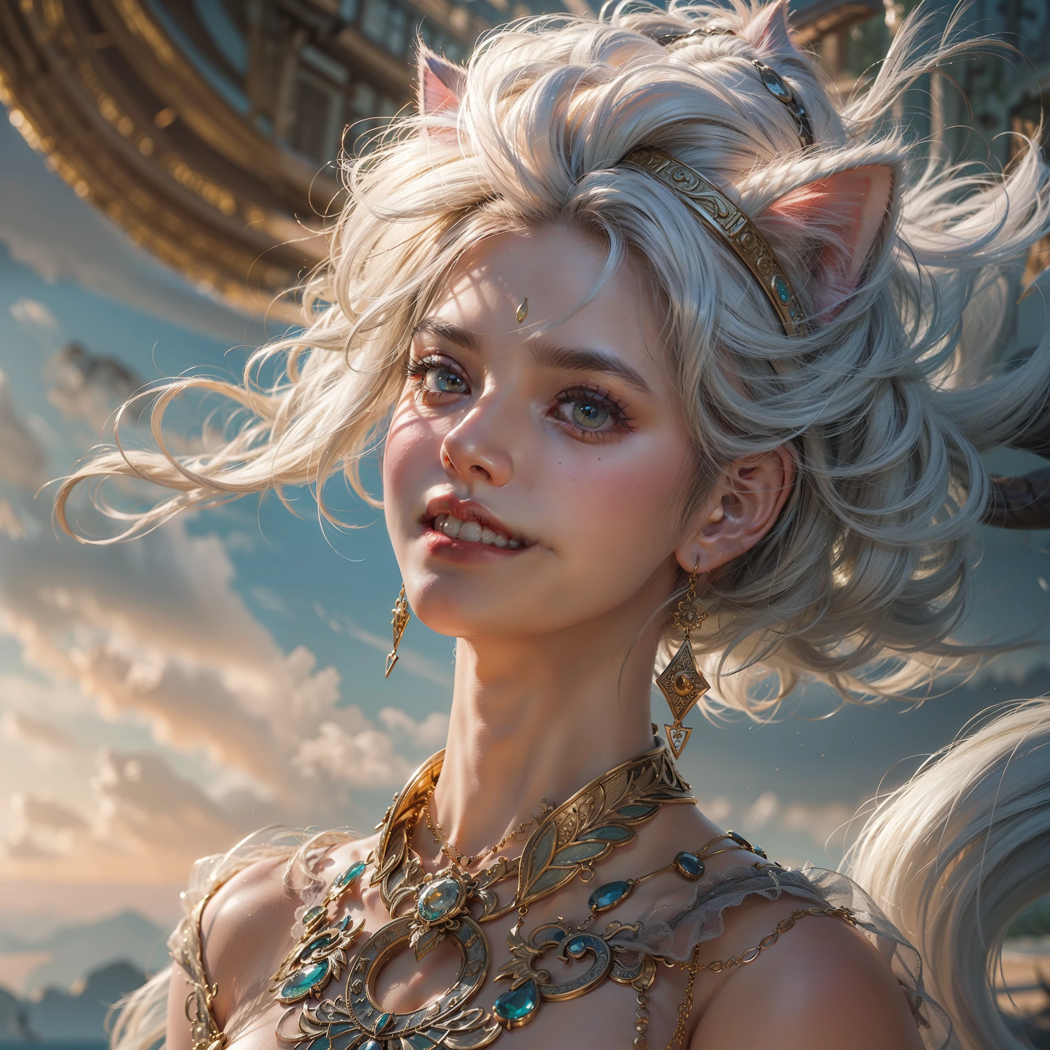 ((cat ears on head:1.5)), (Numerous award-winning masterpiece, incredibly detailed, textured and maximally detailed), (full body standing image:1.9), (surrealistic istic:1.4), (amazing anatomically perfect and beautiful style:1.9), top qualityreal texture skin, (accurate, perfect circles, symmetrical eyes), detailed face, ((medieval world)), ((sylphid, wind spirit in the sky)), (elegant dress dancing in the wind is elaborately finished in every detail.(A smile of liberated joy on her mouth:1.8), (Clear eyes full of joy:1.5), (Full body standing image:1.9), (Use the magic of graceful wind:1.7), (Pure and elegant image:1.6), (Swirling wind and cloud sea in the background:1.5), (Dramatic light), (Magnificent (Her expression is soft and beautiful.), (magnificent scene), (dramatic light), (wonderful light), (her countenance is soft and beautiful)(Her expression is soft and beautiful.), (Her expression is soft and beautiful.), (Her expression is soft and beautiful.), (Her expression is soft and beautiful.)(dramatic photo:1.4), (dramatic pose), ((elegant flying pose)), (blue hair), (platinum blonde hair), (silver hair), (chestnut hair), short cut hair, ((looking up)), (((looking down))), (around her neck, a simple, ancient and elaborately workednecklace. :1.3))), (aura surrounding shining body:1.6))), (swirling wind:1.4))), old ruins with vegetation, great temple, cathedral, temple ruins, temple away from temple, (shining magic circle)), ancient castle ruins, desolate ruins, crumbling ruins, ancient ruins with clear water, holy light, (shining magic circle))Great Realistic (HDR:1.5), (Calm Color:1.2), Highly Detailed, Cinematic, Warm Light, Dramatic Light, (Complex Detail:1.1), Complex Background, Highly Detailed, Surrealistic, Complex Detail, Painting (Artwork), ((Masterpiece,Top Quality)), ((Cinematic Light))Dark Fantasy, Faded, ((Neutral Color)), Art, (Art Station:1.5), Light Effects, (Complex Detail:1.1), Complex Background, (Greg Rutkowski:0.8), (Teal and Orange:0.4))