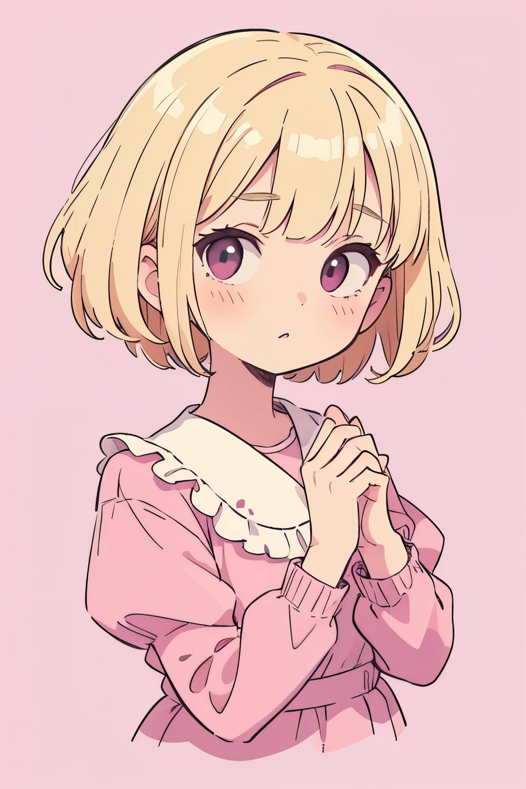 1 girl, blonde, short hair, Upper body, big face, pink clothes, simple background
