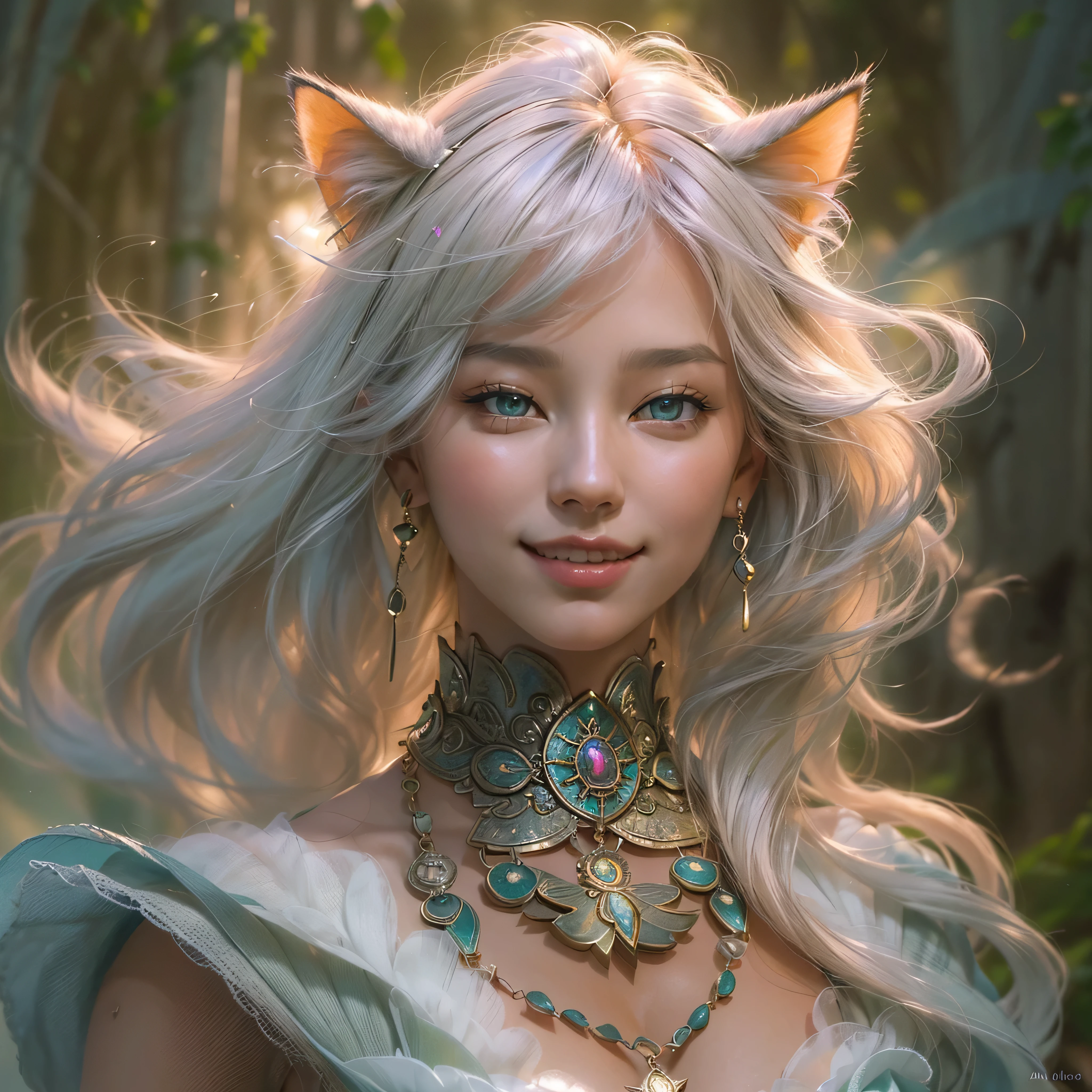 ((Cat ears on the head:1.5)), (number々の賞を受賞したmasterpiece, incredibly detailed, It has texture、maximum detail), (Full body standing image:1.9), (surreal:1.4), (Amazing anatomically perfect and beautiful style:1.9), highest qualityの本物の質感の肌, (Accurate, complete circle, symmetrical eyes), detailed face, ((medieval world)), ((Sylphid, sky wind spirit)), (Elegant dresses that dance in the wind are exquisitely finished down to the last detail..(A smile of liberated joy appears on her lips:1.8), (Clear eyes full of joy:1.5), (Full body standing image:1.9), (Let's use the magic of graceful wind:1.7), (A pure and elegant image:1.6), (swirling windと雲海を背景に:1.5), (dramatic light), (grow (her expression is soft and beautiful.), (growなシーン), (dramatic light), (wonderful light), (her face is soft and beautiful)(her expression is soft and beautiful.), (her expression is soft and beautiful.), (her expression is soft and beautiful.), (her expression is soft and beautiful.)(dramatic photos:1.4), (dramatic pose), ((elegant flying pose)), (blue hair), (platinum blonde hair), (silver hair), (chestnut hair), short cut hair, ((look up)), (((look down))), (around her neck, simple, Finely crafted ancient necklace. :1.3))), (An aura that envelops a shining body:1.6))), (swirling wind:1.4))), old ruins with vegetation, great temple, Cathedral, temple ruins, temple away from temple, (Shining magic circle)), ancient castle ruins, desolate ruins, crumbling ruins, Ancient ruins with clear water flowing through it, holy light, (Shining magic circle))great realistic (HDR:1.5), (calm colors:1.2), very detailed, cinematic, warm light, dramatic light, (intricate details:1.1), complex background, very detailed, surreal, intricate details, painting (artwork), ((masterpiece,highest quality)), ((cinematic Light))dark fantasy, faded, ((neutral color)), art, (art Station:1.5), light effect, (intricate details:1.1), complex background, (greg latkowski:0.8), (teal and orange:0.4))