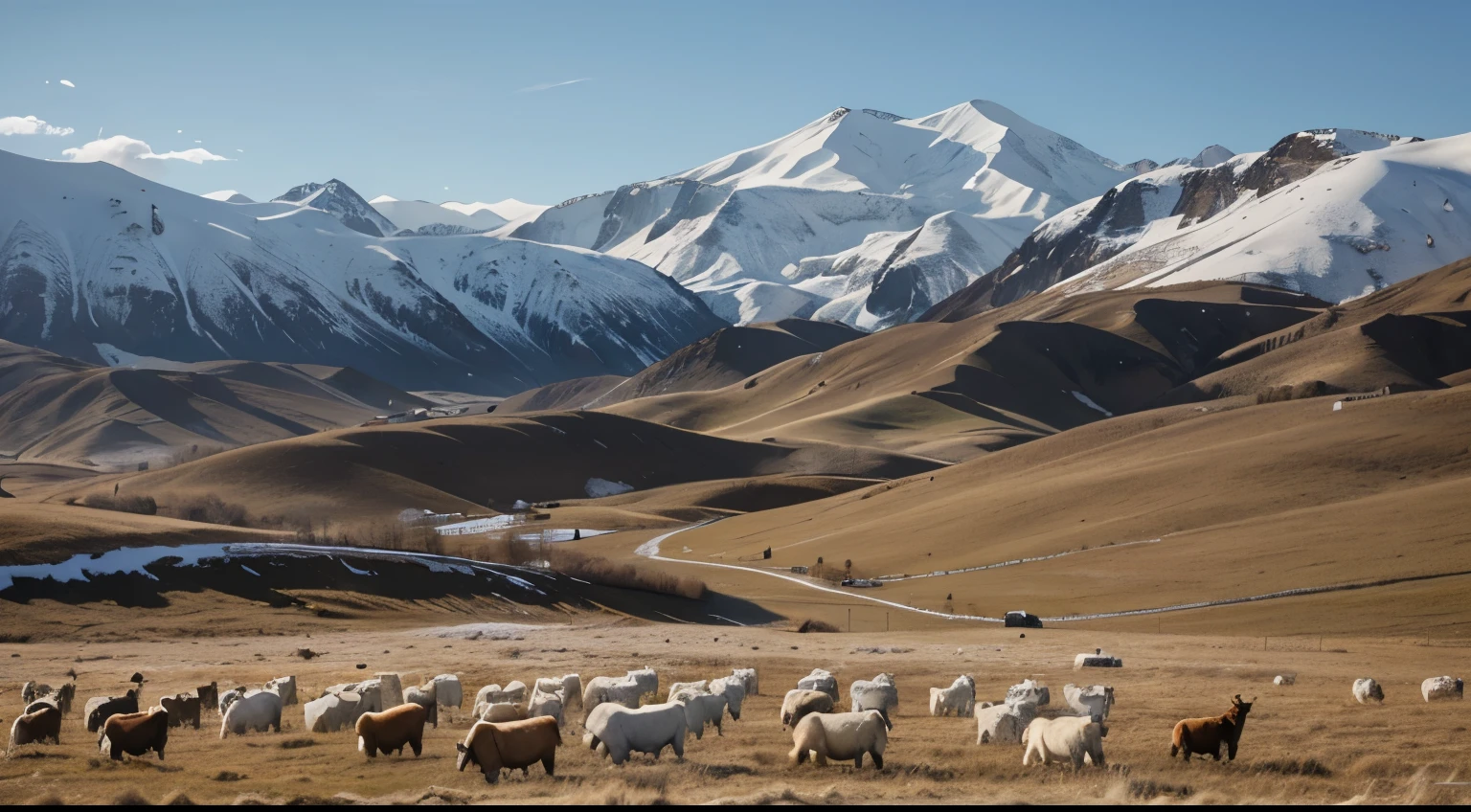 snow landscape, photo, by Emma Andijewska, cold sunny day, cold environment, 羊 wool, snow, 冬天there are many 羊 grazing in a large grassy field, 羊 grazing, in the grassland, green pastures stretch for miles, pastures, grassland, grazing, pastoral environment, Mongolia, In a large piece
