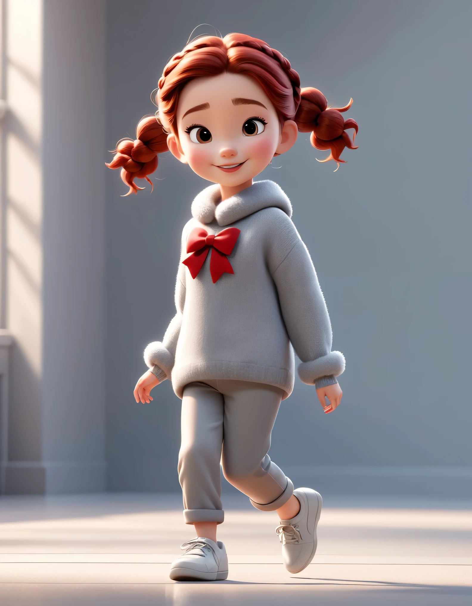 3D character from Disney animation, Pixar style,whole body，Walking happily，red bow，Simple gray soft sweater and furry slacks，with braids，white shoes，clean background.cinnamic lighting, ray tracing, high details, 3d render 