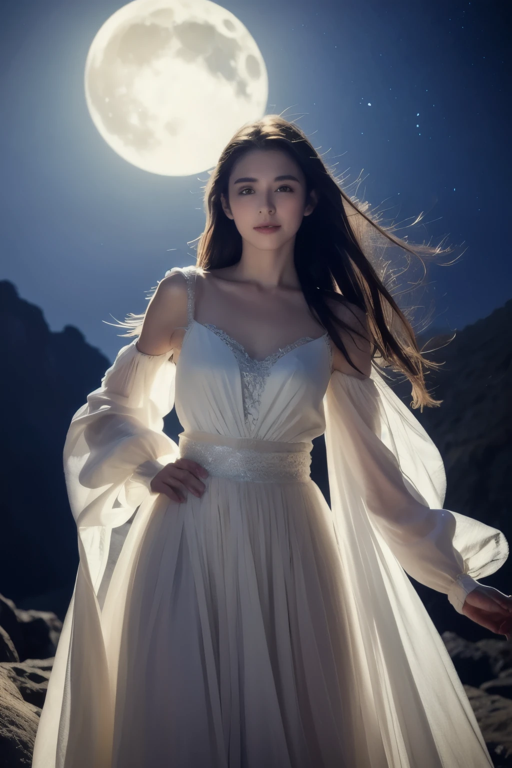 Highest image quality，Surreal and realistic，Graceful fairy figure，Delicate facial features、Extremely perfect silhouette，Light color eyes，black long hair，Deep V sling，Silver skin，Beauty masterpiece CG exquisite rendering，Fantastic perfection，Light color light gauze skirt flowing，Fairyland-like night with moon in the mountains，Soft moonlight，He smiled。