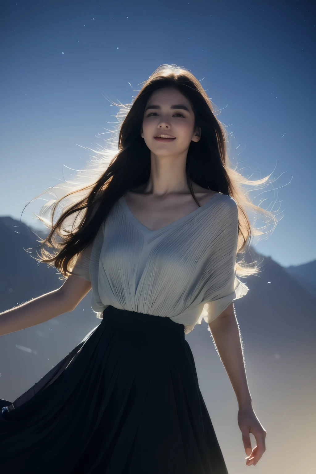 8k, highest quality, masterpiece, super high resolution, (realistic:1.4), RAW Photos, (Film Grain:1.3), One Girl, (a photo captured from low angle), a skinny Japanese woman, 40 years old, standing on the beach, leaning forward, looking into the camera:1.22. She has a cute face, ((detailed face, detailed eyes)), and black hair. She is wearing a white blouse on nude, a gray pleated skirt. ((the skirt flutters in strong winds.)) (She is straightening legs up, spreading legs slightly). (Real skin texture:1.3), correct body anatomy