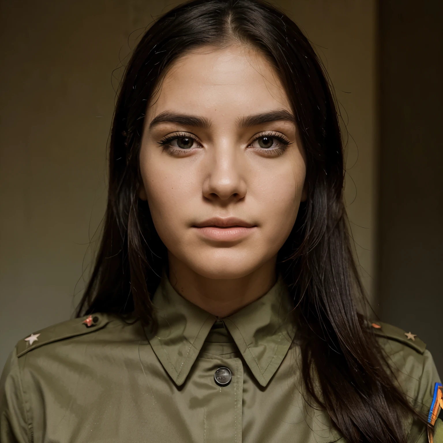 Garota branca, cabelo extremamente grande preto, cabelo preso, olhos azuis claros, roupa militar Estados Unidos preta, bangs to eyebrow length