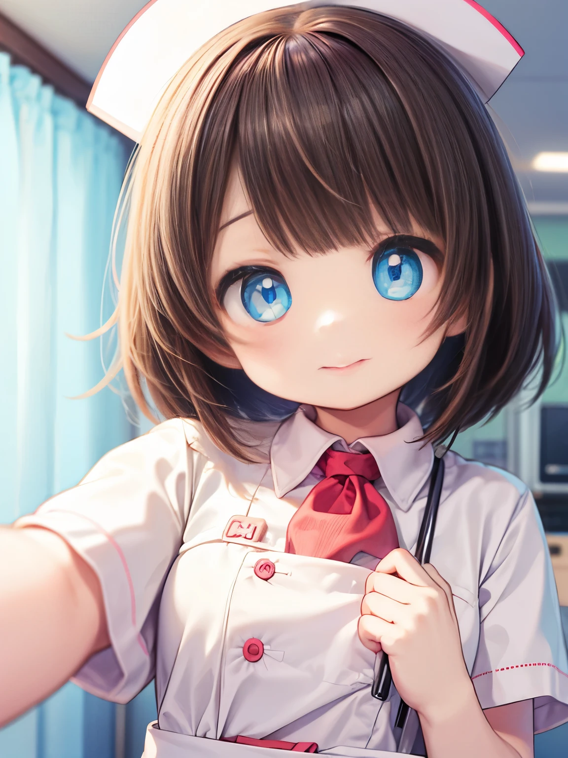 ultra-detailed,(masterpiece:1.2) , (best quality:1.2) , (ultra-detailed:1.2), 2.5D,extremely detailed,nsfw, an anime girl,dark brown hair,medium hair,BREAK,blue eyes,BREAK, hospital,nurse,smile