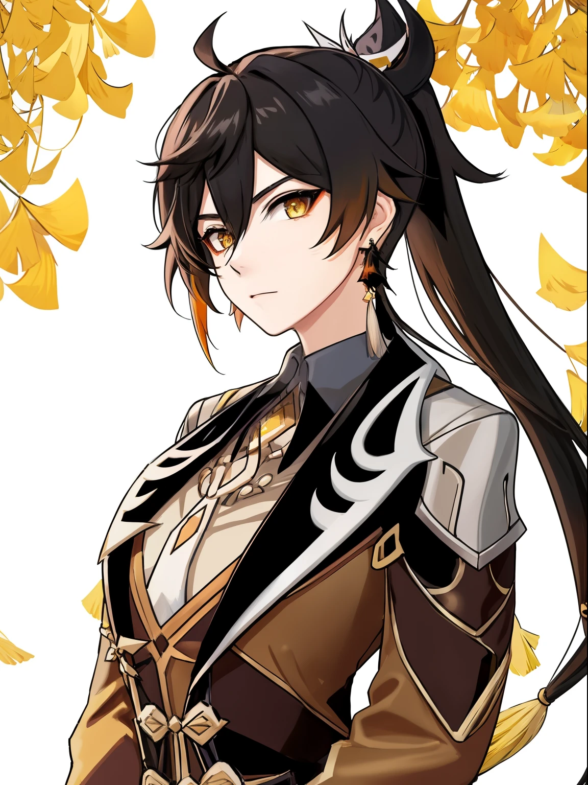 1girl, Solo, Upper body_Body, front_View, Look_in_viewer, masutepiece, Best Quality, Bangs, Black_gloves, Black_hair, brown_hair, gradient_hair, Collared_Shirt, earrings, eyebrows_Visible_through_hair, Formal, gloves, hair_Bland_Eyes, Holding, Chinese_Clothes, Jacket, Jewelry, long_hair, long_sleeves, Woman's_Focus, Multicolored_hair, Ponytail, Single_Earring, Suit, tassels, tassels_earrings, yellow_Eyes, big breast, medium ass, Nakazato_\(Genshin_impactful\)