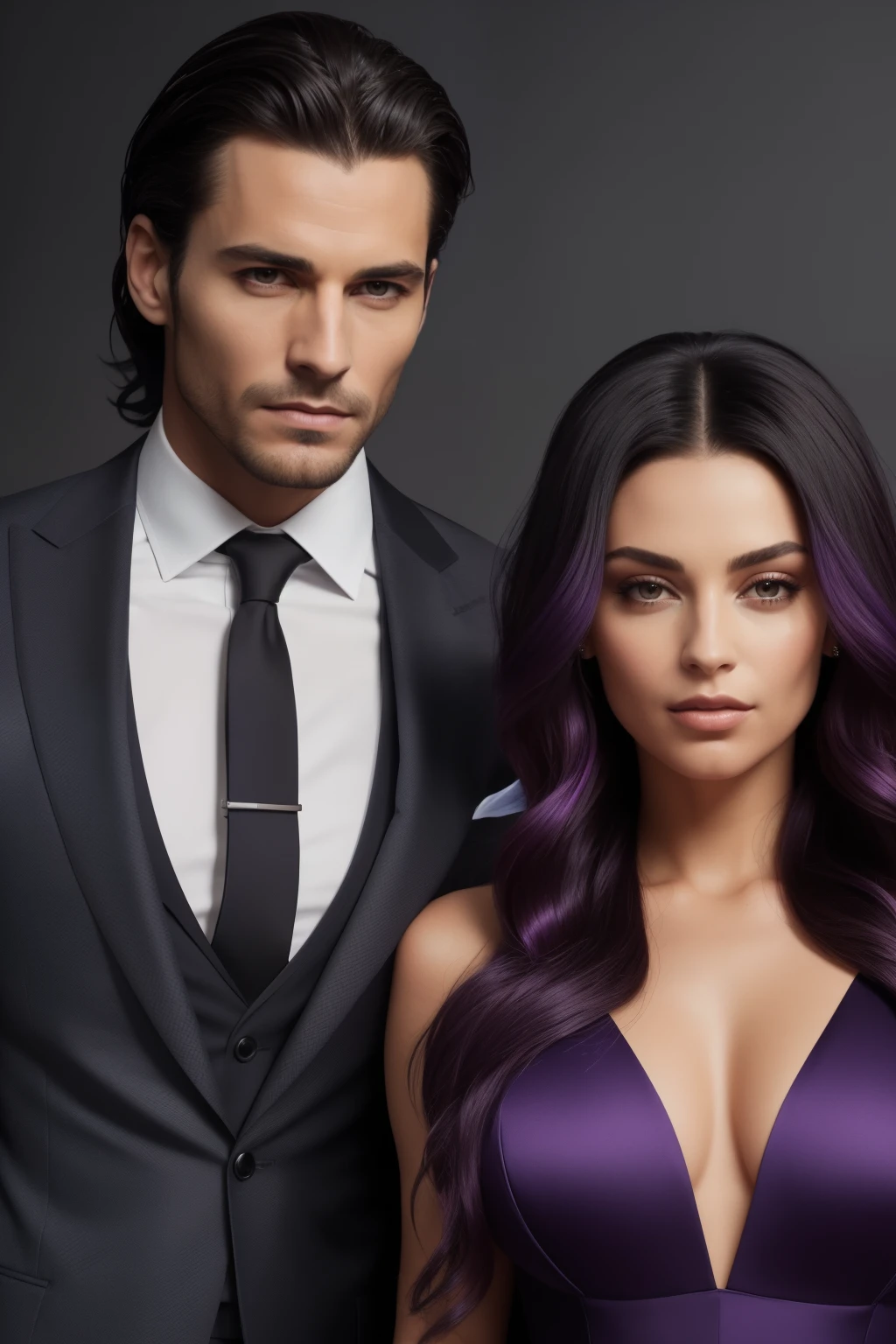A captivating dark romance book cover, featuring a seductive man in a tailored suit, with a mesmerizing native woman by his side. Her hair cascades in purple highlights, framing her enchanting face. She holds an apple in one hand, dressed as a seductive witch, evoking an air of mystery and allure. The man's confident and engaging gaze draws the viewer in, his muscular form accentuated by the finely-tailored fabric of his suit. The composition, set against a stylish and artful background, is designed to leave women wanting more, striking an irresistible balance between intrigue and desire -- AR 1:1, high-definition